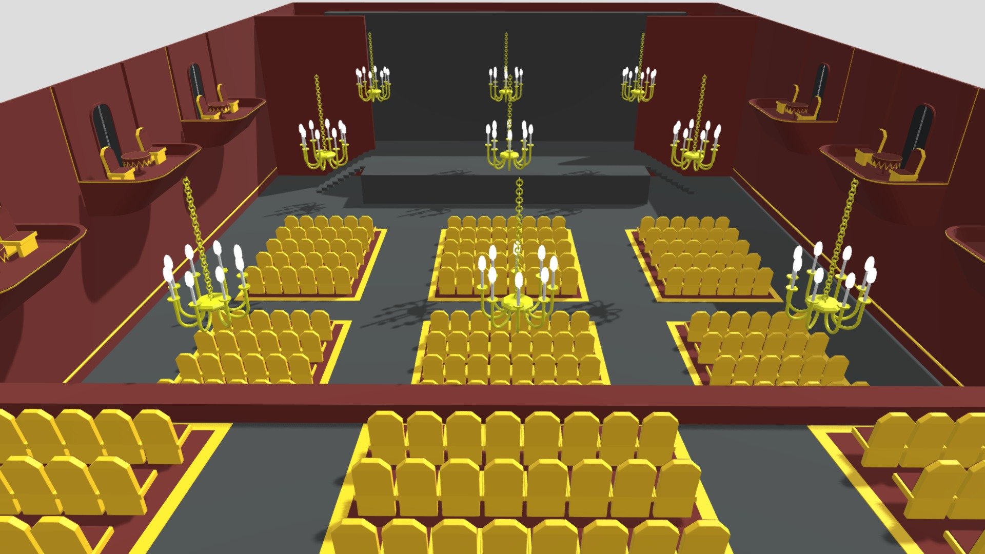 -Theater Interior.

-This product contains 125 models.

-This product was created in Blender 2.8.

-Total vertices 203,710. Total polygons 203,356;

-Formats: . blend . fbx . obj, c4d,dae,fbx,unity.

-Thank you 3d model