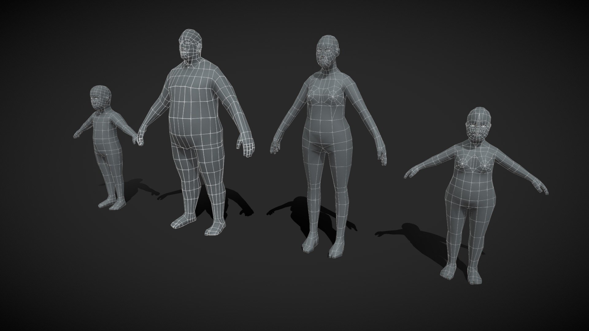 Fat Body Base Mesh 3D Model Family 1000 Polygons consists of 4 base mesh models:




Male Body Fat Base Mesh 3D Model 1000 Polygons - 1054 Polygons, 999 Vertices

Female Body Fat Base Mesh 3D Model 1000 Polygons - 1062 Polygons, 992 Vertices

Fat Boy Kid Body Base Mesh 3D Model 1000 Polygons - 954 Polygons, 919 Vertices

Fat Girl Kid Body Base Mesh 3D Model 1000 Polygons - 1066 Polygons, 1010 Vertices

You can buy any of them as a single model, or save 25% if you buy this pack.

All models are completely ready to be used as a starting point to develop your characters. Good topology ready for animation.

Technical details:




File formats included in the package are: FBX, OBJ, GLB, ABC, DAE, PLY, STL, BLEND, gLTF (generated), USDZ (generated)

Native software file format: BLEND

Blender scene included.
 - Fat Body Base Mesh 3D Model Family 1000 Polygons - Buy Royalty Free 3D model by 3DDisco 3d model