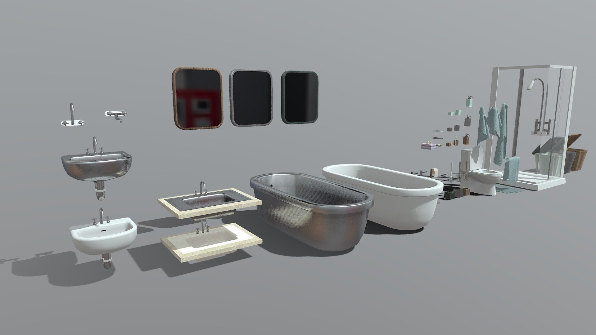 Includes the following models:

Pack 1:




basic sinks in 2 textures (ceramic &amp; metal)

2 different styled faucets

flat sink with metal &amp; ceramic basin and marmor base plate

Pack 2:




mirrors with 3 different textured frames (wood, metal, stone)

Pack 3: 




bathtubs with 2 textures (ceramic and metal)

Pack 4:




bathroom accessoires, for content check https://skfb.ly/oANFF

Pack 5:




toilet in ceramic texture

Pack 6:




set of 4 towels with cotton texture

bathroom/shower mat with cotton texture

Pack 7:




shower with glass doors, ceramic basin and handles

wall-mounted and flexible shower head

Pack 8:




bathroom bin/trash can with lid in 3 textures (plastic, wooden, metal)

This bundle is off by more than 50% of the individual base prices!

Check our account for other style-fitting models 3d model