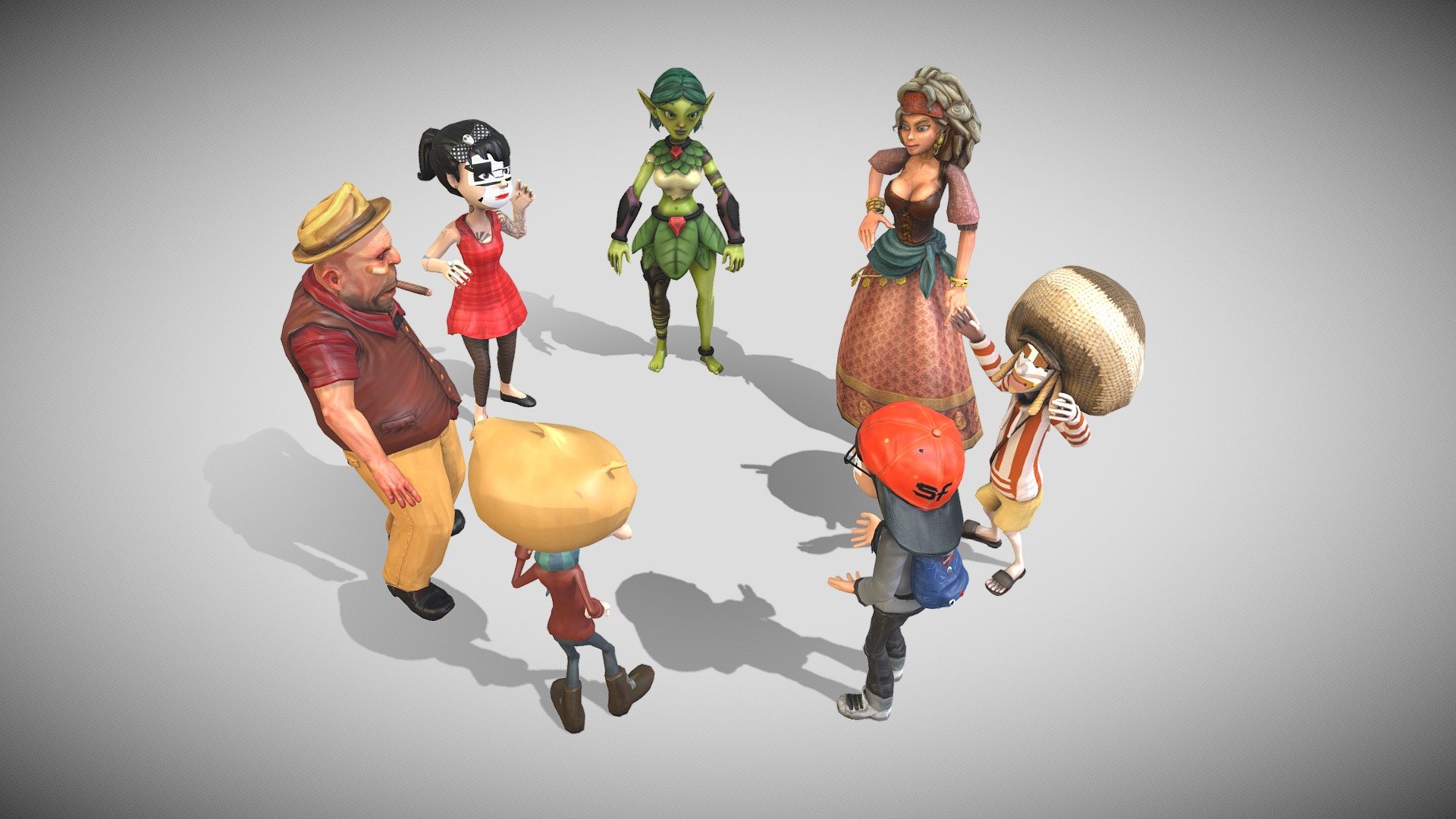 Seven cartoon characters in discussion circle in this looping animation at 30 frames per second.

See this 3D model in action, and more models like it, in this collection of free augmented reality apps:

https://morpheusar.com/ - Group Seven Animated Cartoon Characters Talking - 3D model by LasquetiSpice 3d model