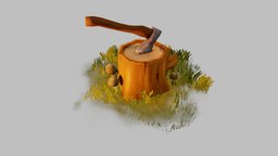 Ax in tree stump tree, scene, grass, mushroom, ax, stump, handpainted, blender, axe