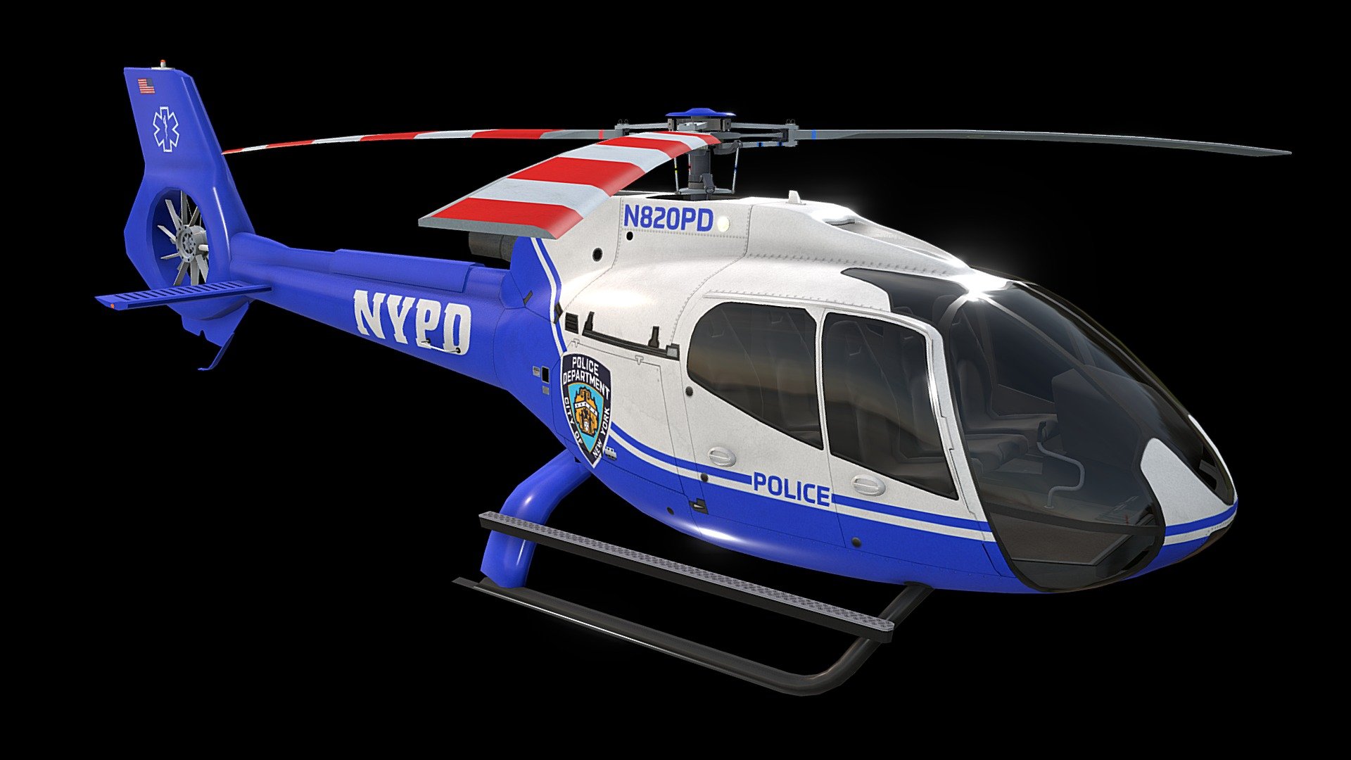 Low poly helicopter with 4 preconfigured level of detail

Made using blueprints in real world scale meters

LOD0 is the HQ version of the asset with bended top rotor and tiny parts

All other LOD are made unsolicited and voluntarily

LOD0 19710 tris, LOD1 10462 tris, LOD2 7388 tris, LOD3 5990 tris

All meshes are clean and 100% human controlled triangulated

Properly placed rotors pivots for flawless rotations

Simple capsule built interior that however fits perfectly the body

Non-overlapping unwrapped with best mapping for brandings

Both PBR workflows ready native 4K textures

Decreasing physical resolution to 2K results in a still decent looking heli

All liveries within the Airbus H130 series are interchangeable

For this purpose change just the 3 x albedo maps for body, rotors, interior

All LOD are exported seperately and together in each file format

Included are multiple file formats and native textures for download
 - NYPD Helicopter Airbus H130 Livery 14 - Buy Royalty Free 3D model by RealtimeModels 3d model