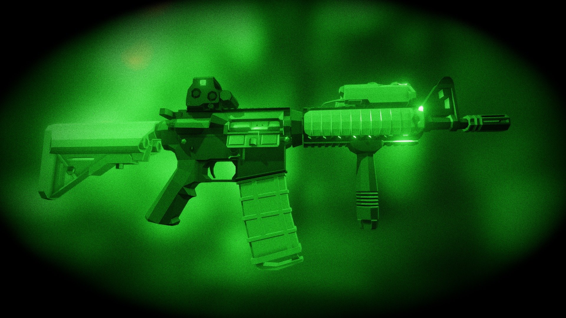 basically the same Mk18 mod0 I already uploaded, but as you'd see it actually in military use, with an EOTech EXPS2, a PEQ-15 tactical device, a magpul PMAG Gen M3, a desert tan coloured stock and rail cover/grip plates.

also, I added a cool night vision like effect to the model preview window, hope you like it! - Low-Poly Mk18 Mod0 full loadout - Download Free 3D model by notcplkerry 3d model