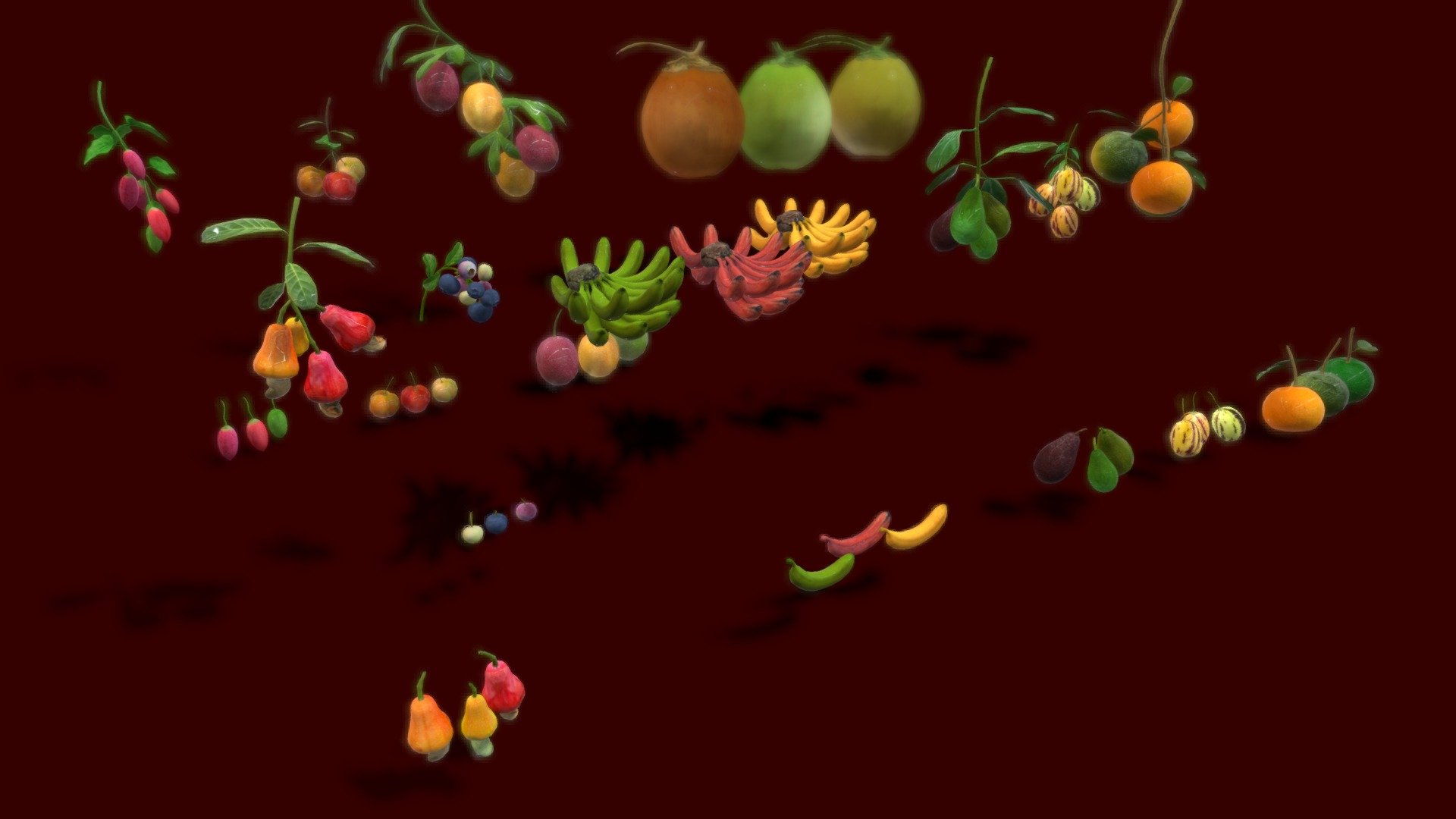 A collection of fruit: 
- Anacardium fruit
- Cyanococcus fruit
- Banana fruit
- Persea americana fruit
- pepino fruit
-  Citrus sinensis Rutaceae fruit
-  Annona reticulata fruit
- Sori fruit
-  Passion fruit
-  Cocos nucifera fruit
  Each model has lowpolys.
  Each texture is 512x512px
Included textures for each fruit: - Diffuse Map - Collection Fruit Path 4 - Buy Royalty Free 3D model by vustudios 3d model