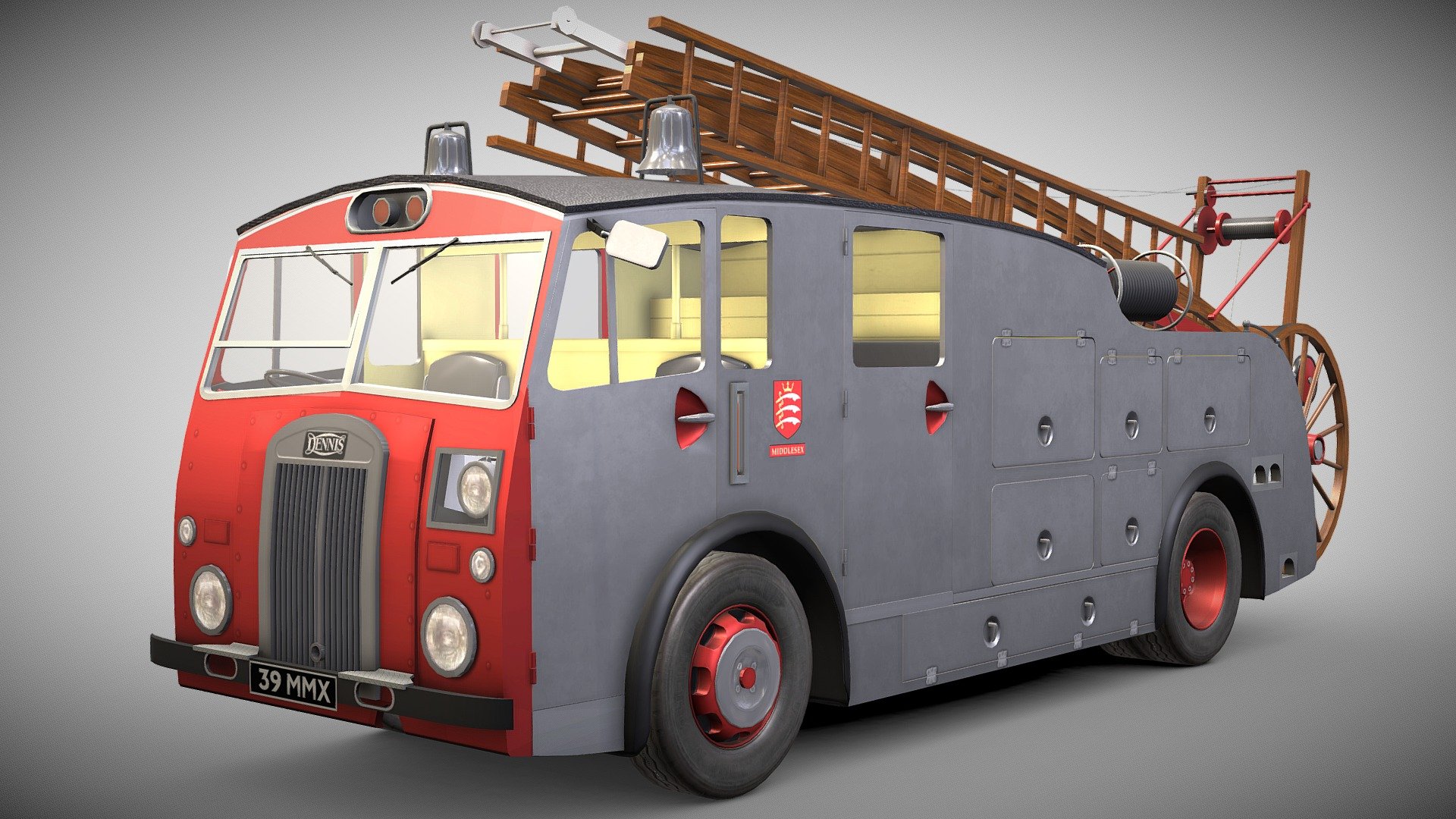 A Middlesex Fire Brigade version of this Dennis F12 fire engine. The county was the best customer of this class of appliances with 21 of them being put into service.



About this model:

Game-quality, simplified and not 100% accurate compare to it’s reallife counterpart, this 3D model is suitable for use in smaller projects or as a background prop.

Turbosquid version can be found here with more variations:
https://www.turbo squid.com/3d-models/3d-model-dennis-f12-fire-engine-2127954 (no space) - Dennis F12 - Middlesex ver 3d model
