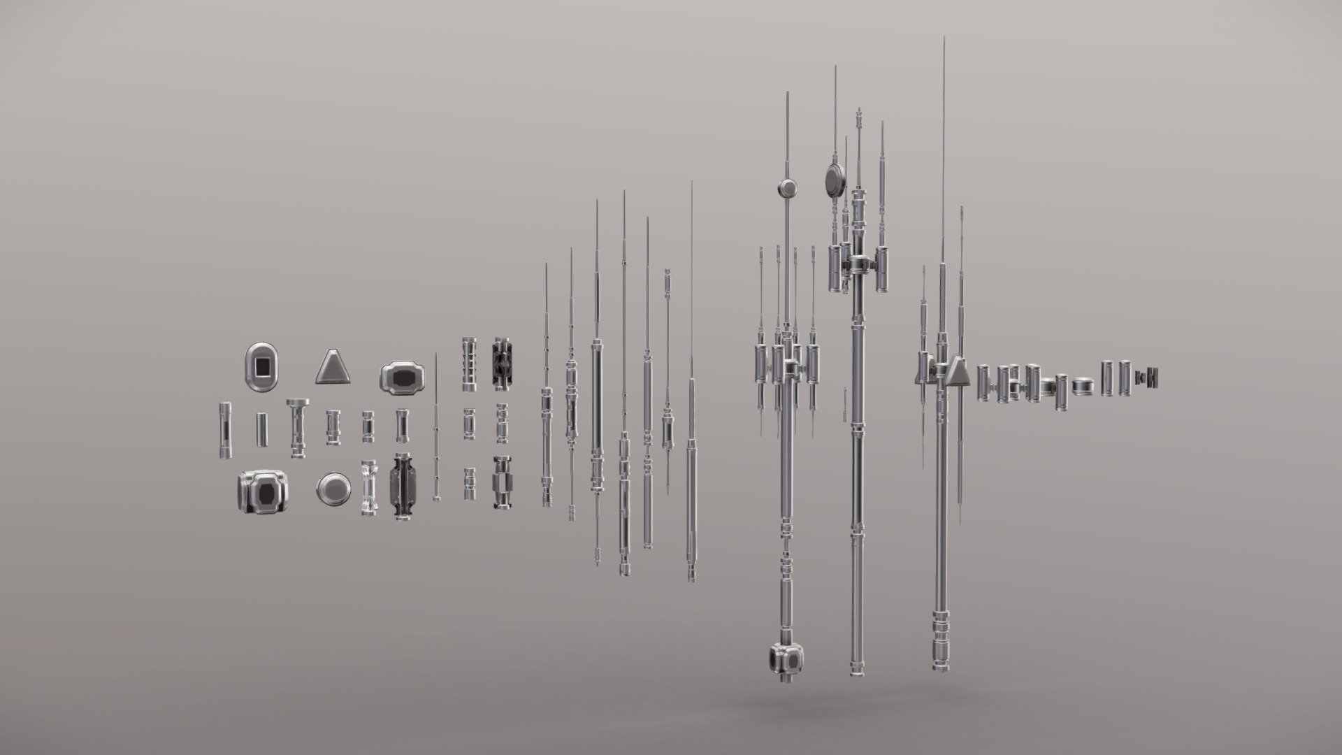 Collection of SciFi style antennas, modular and adapted for kitbashing, these models were modeled in detail one by one, using as tools the &ldquo;Sci-Fi Greebles Collection I