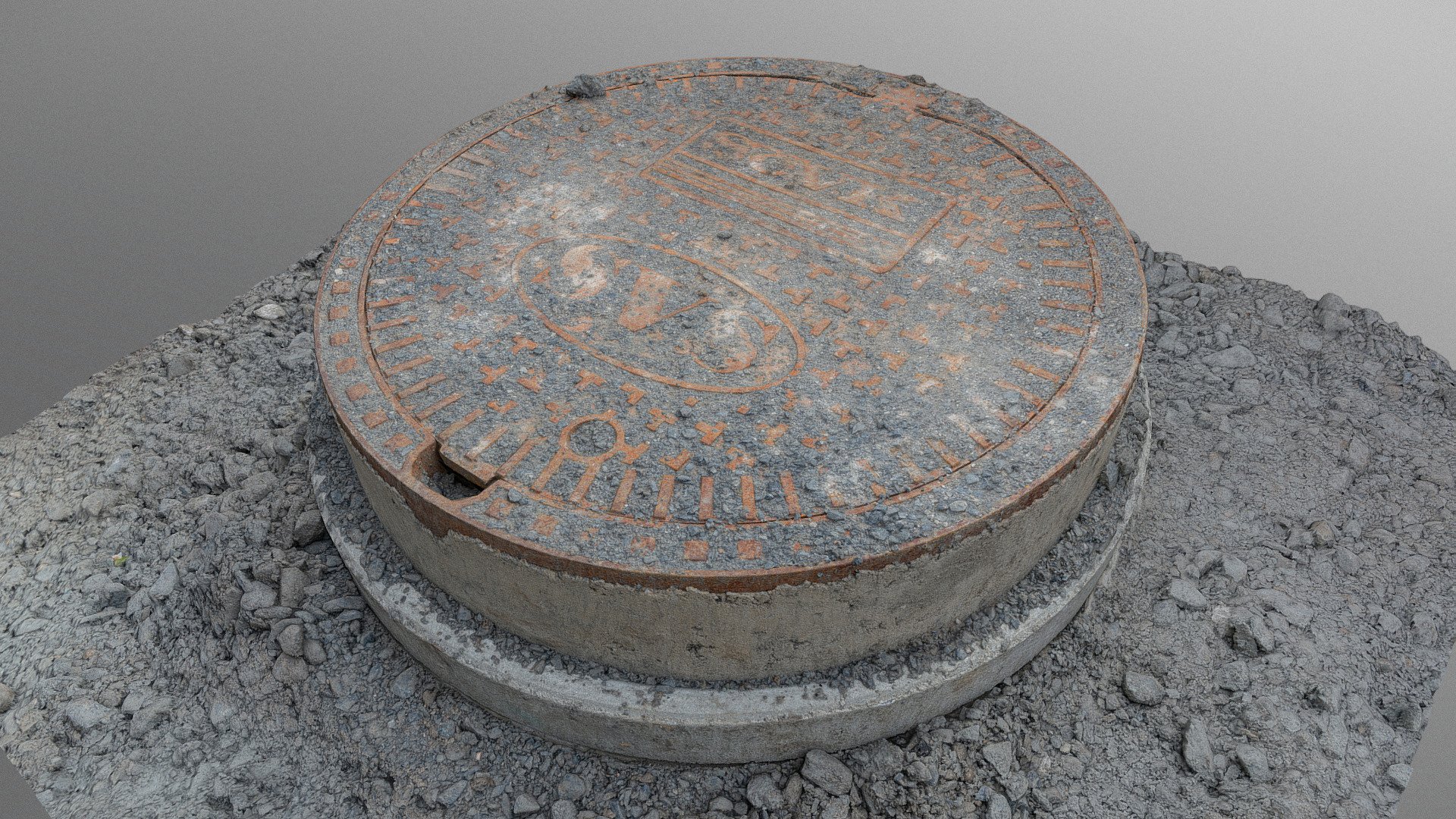 Manhole Sewer hatch cover in gravel, sewer canal lid circle hatch cap unearthed in construction road

Photogrammetry scan (100 x 24 MP, 3x16K texture + HD Normals) - Manhole Sewer hatch cover in gravel - Buy Royalty Free 3D model by matousekfoto 3d model