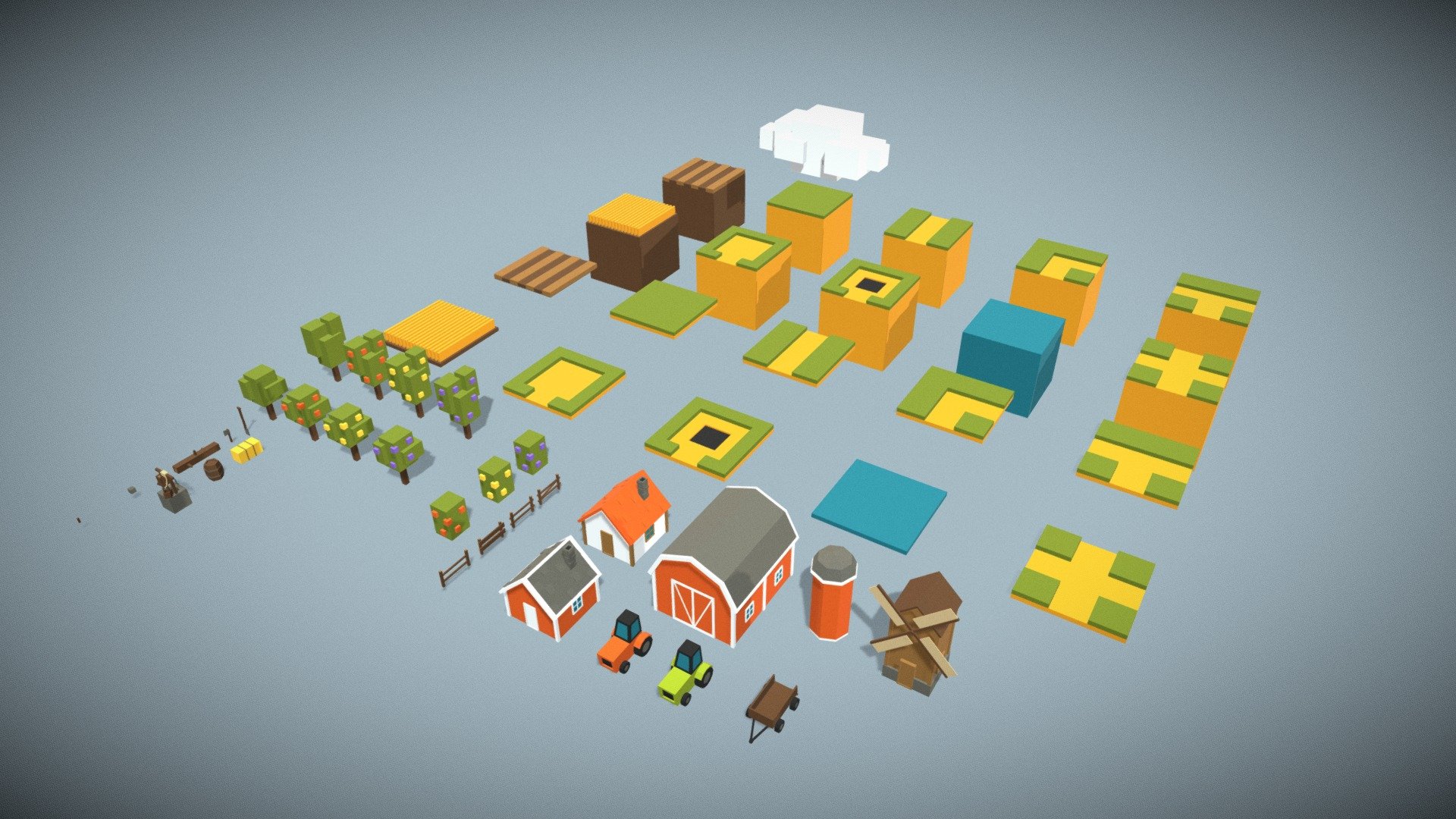 Pack contain low poly models of farm environment.
With this package you can create beautiful and simple environments for PC and mobile games.

Features:
- 54 fbx meshes
- One 256 x 256 texture atlas for all models (except cloud)
- Showcase scene - Low poly Farm environment package - 3D model by FreeDimensionForge 3d model
