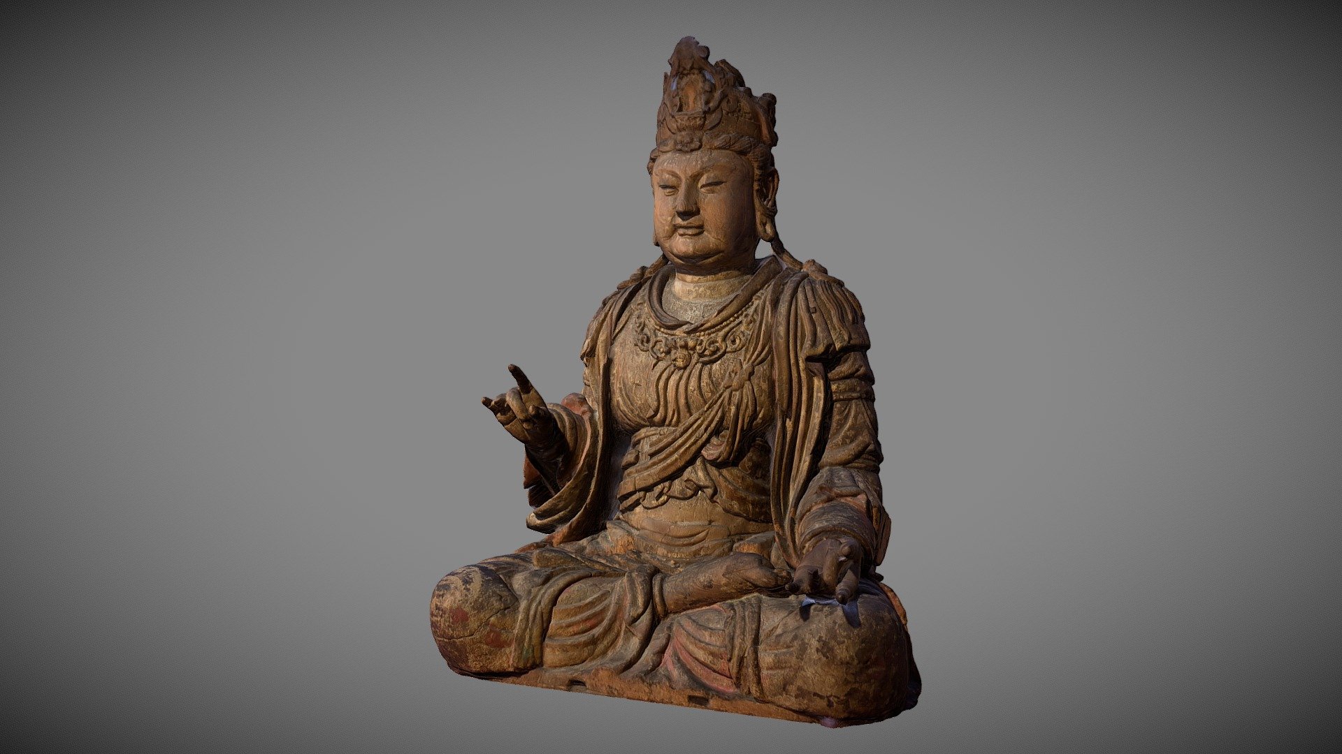 Guanyin (Avalokitesvara), Wood with remains of paint, China, 1200s, National Museum (Copenhagne, Denmark). Made with Memento Beta (now Remake) from Autodesk.

This bodhisattva is the principal savior figure in Mahayana Buddhism. Avalokitesvara (“Lord who looks down”) is a bodhisattva who embodies the compassion of all Buddhas. This bodhisattva is variably depicted and described and is portrayed in different cultures as either female or male. In Chinese Buddhism, Avalokitesvara has become the somewhat different female figure Guanyin. In Cambodia, he appears as Lokesvara. (Wikipedia)

For more updates, please follow @GeoffreyMarchal on Twitter 3d model