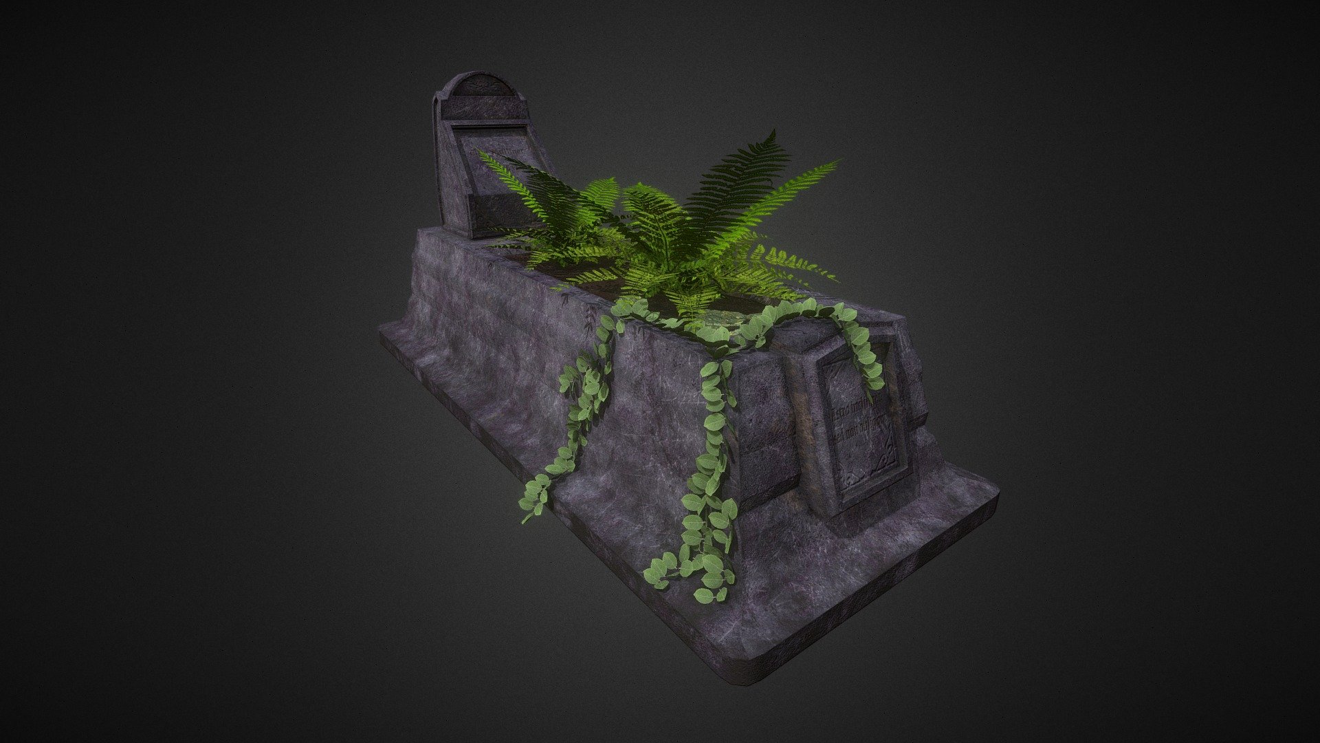 A cradle grave consists of a gravestone, a footstone, and two low stone walls connecting them, creating a rectangle designed to hold plantings to memorialize the person buried below. It resembles a bed, with a headboard and footboard, and flowers planted resemble a lovely blanket of color and texture. 

This model is low poly, and somewhat customizable. You can remove the plants, or even the dirt, since the bottom of the grave is also present and textured. 

Elsie Mulliner rests here, as an Imaginary person that lived from 1797 to 1832, but I could put a custom name on the gravestone at no charge; all you need to do is ask! - Victorian Cradle Grave With Plants - Buy Royalty Free 3D model by Egor Krylkov (@Kryl21) 3d model
