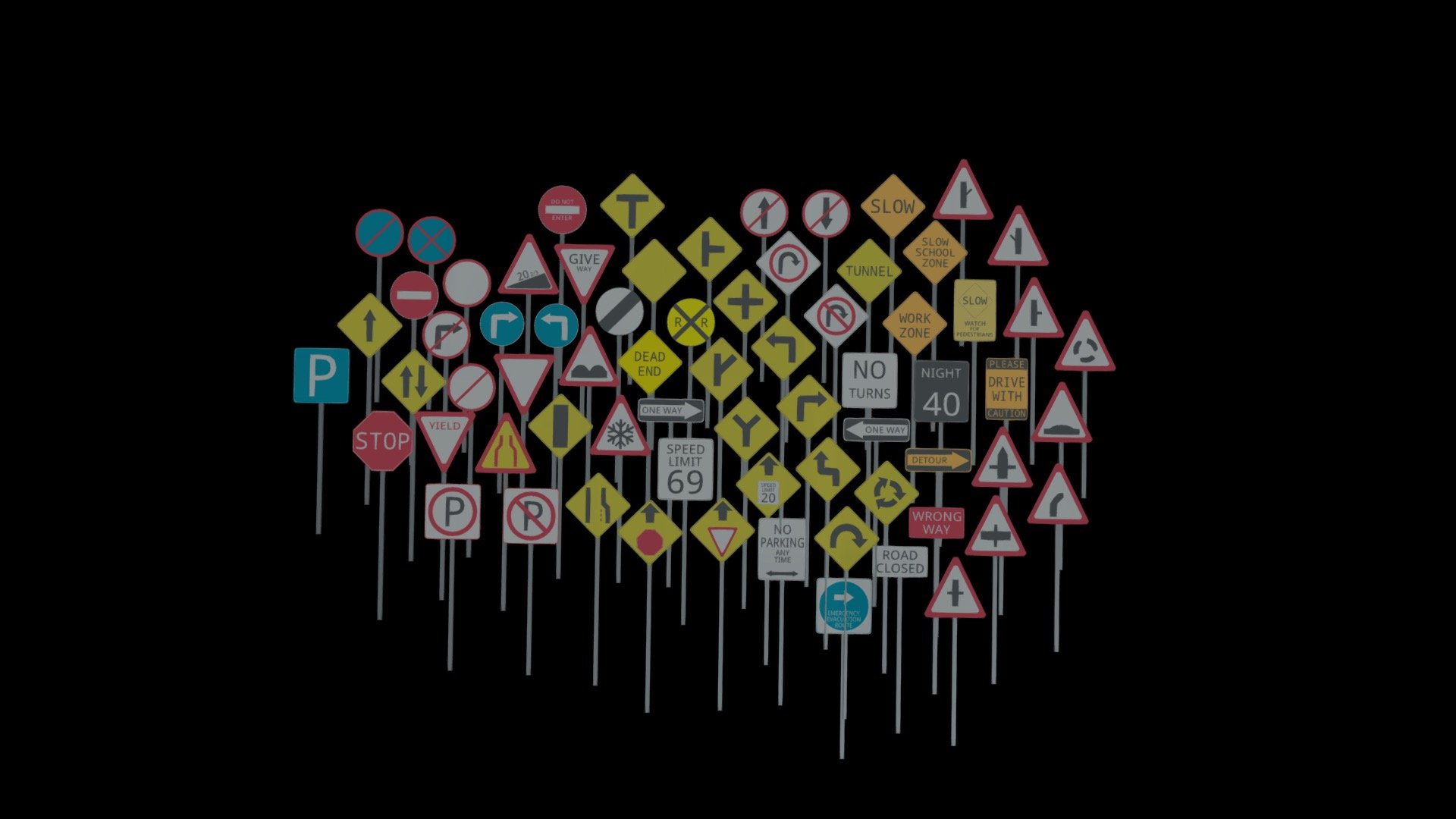 This went downhill quackly. No texturing for this project, just darkening of the light lvl and maybe a slight glaze if you looked close enough. 

70 total, created in tcad (as always); https://youtu.be/5qZfiGCXxjk - Road Signs - 3D model by CricketCai (@25caih) 3d model
