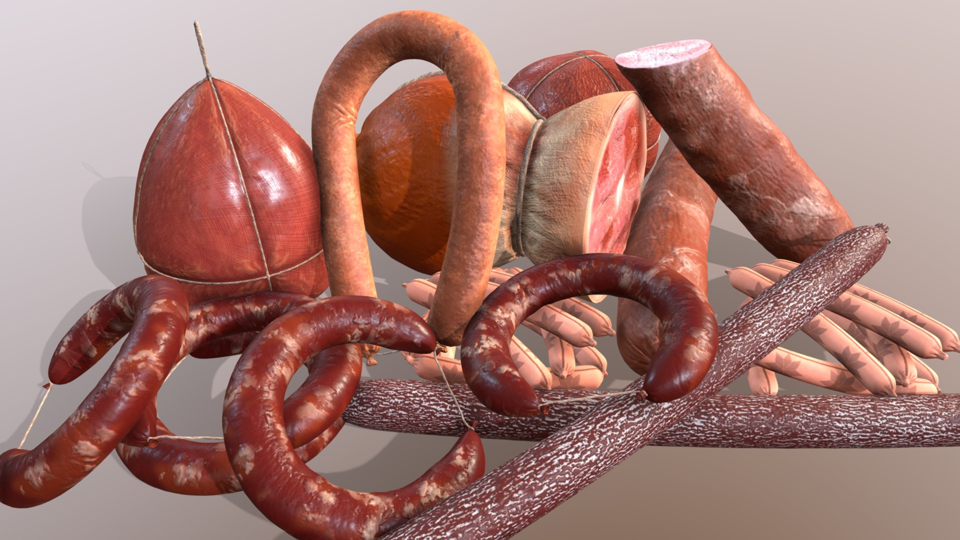 his high quality 3D model comes with a collection of meats - salami, ham, sausage. It can suits for advertising of product and design. S
o, you have: High poly realistic model. Fully detailed, textured model. Excellent for close-up renders. Real world size. Files units are centimeters and all models are accurately scaled to represent real-life object's dimensions 3d model