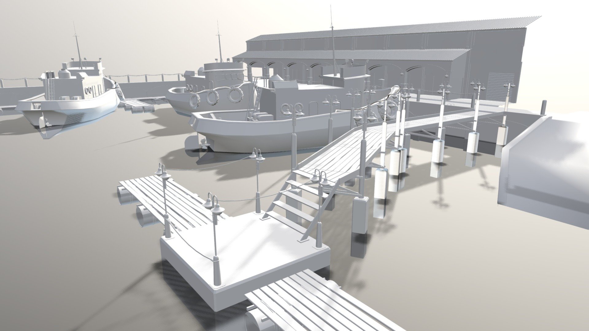 The scene is built around modular content showing a 3D Harbor Pier or dock and bay area, with a number of small trawler type boats in the area. Also, a floating dock with a jetty or boardwalk.

what you get: 1 x blender scene with full harbor Blender 2.79
1 x Max 2015 / Scanline scene
1 x FBX Export - Harbor Scene With Pier And Boats 2 0 - Buy Royalty Free 3D model by 3D Content Online (@hknoblauch) 3d model