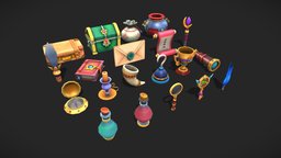 Pickup Items Quest compass, chest, bag, game-ready, feather, game-model, magicwand, spyglass, potionbottle, low-poly, cauldron, stylized, piratehook
