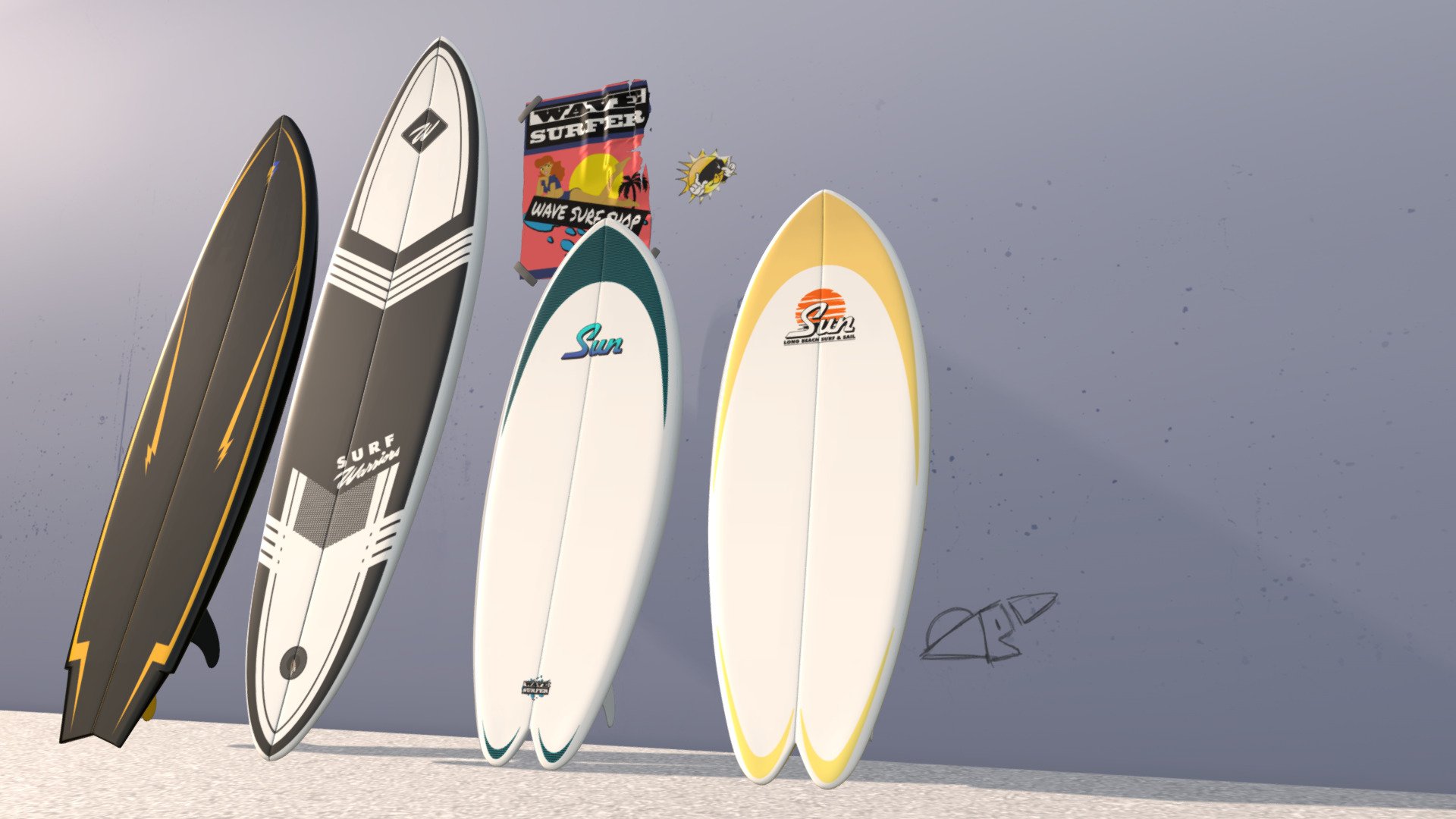3D Surfboards
Modeled in Cinema 4D with baked textures available as FBX file 3d model