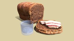 Slavic Bread with a bacon cafe, set, meal, bread, bacon, tradition, lard, slavic, food-and-drink, low-poly, glass