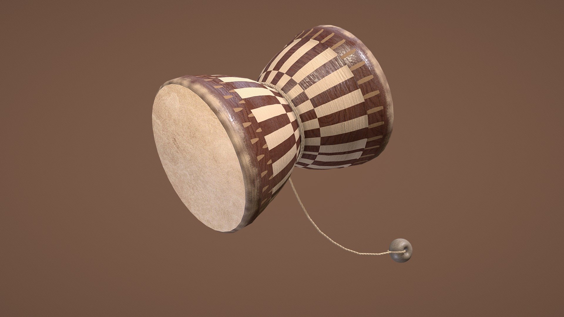 Bangladeshi culturtal music instrument. Dugdugi onomatopoeic name for percussion instrument shaped like an hourglass, with both ends covered with goatskin. A string with two small lead or iron balls is fastened around the narrow waist of the dugdugi 3d model