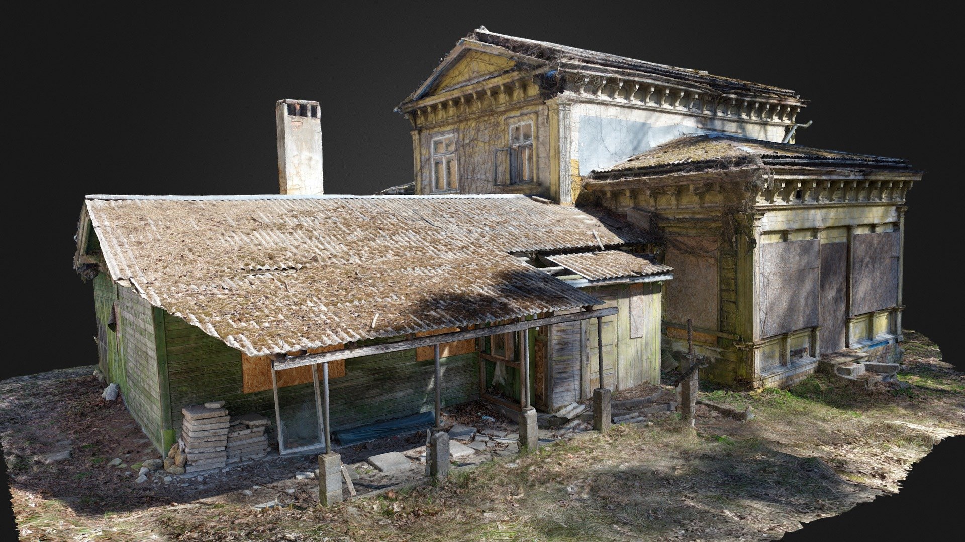 3D scan of an old abandoned house. Mossy roof, sunny day. 
Boarded up windows. 
Old chimney. 

With normal map 3d model