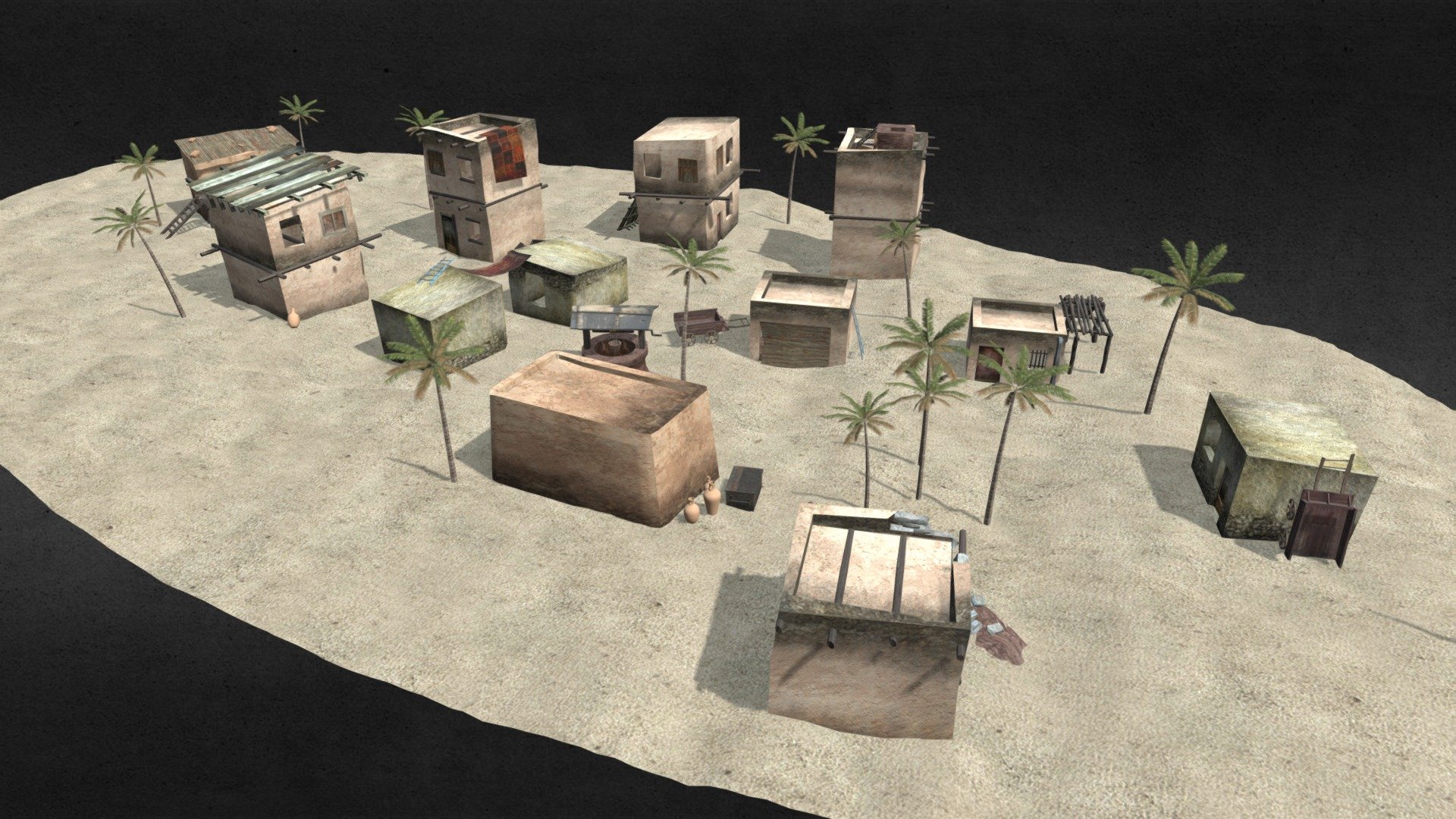 Is this a long-abandoned outpost on the edge of the desert? Or is this a new settlement, waiting to trade with neighboring tribes?
Includes 12 buildings, 15 palm trees, 4 jars, 2 carts, and many more options.

Product Features:




Includes tons of separate parts, including jars, windows, doors, ladders, tress, and more

One set of texture and corresponding normal/ bump maps, ranging from 512x512 to 1024x1024.
 - Desert Outpost - Buy Royalty Free 3D model by JohnHoagland 3d model