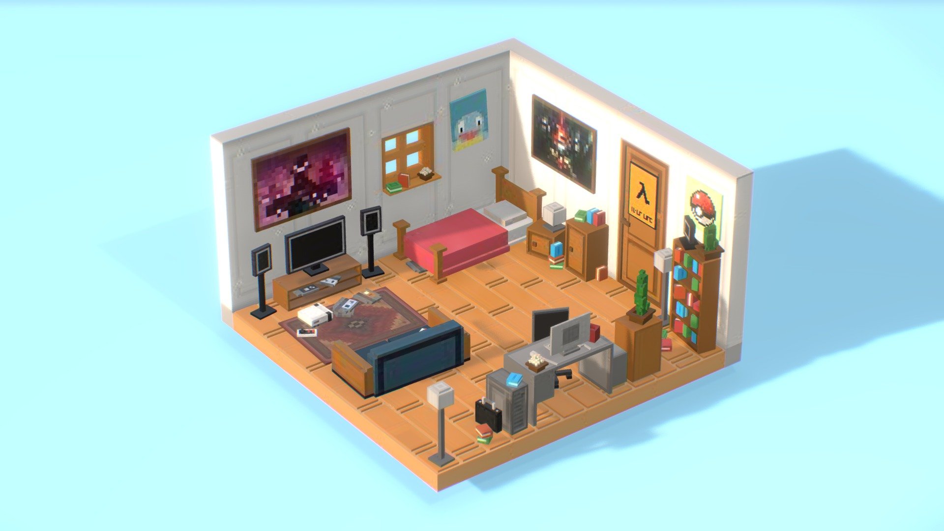 A nostalgia room &amp; Messy office assets!

100+ fbx voxel objects in total including

Floor and wall variations (office + room) Couches, beds, vases, tables, tv, speakers, closets, fireplace, paintings&hellip; Lots of stuff! 

All assets can be seen here - little voxel room - Buy Royalty Free 3D model by FRΔNCO (@francoface) 3d model