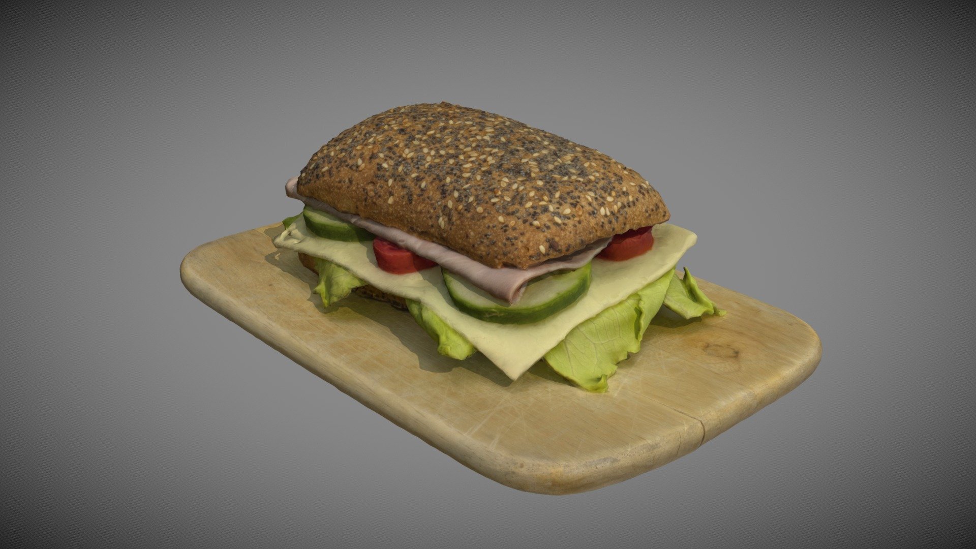 Sandwich with ham, cheese, salad, cucumber, and tomato slices on a board 3d model