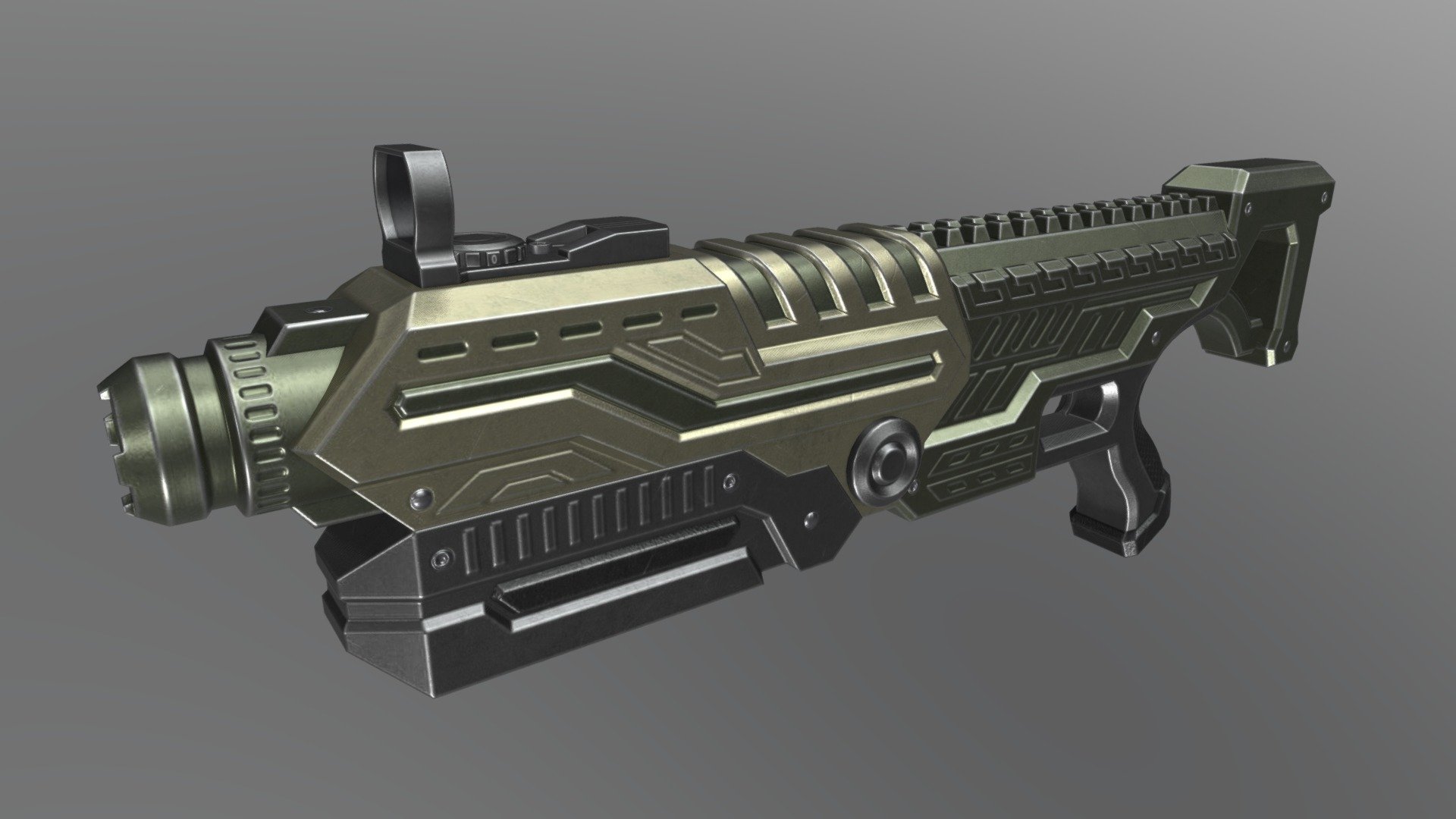 3D game ready Sci-Fi_Gun is Low poly model, created in 3ds Max(version-2022). Can be used in a variety of games Unreal Engine or Unity.


-File format: Fbx

-Vertices: 3280

-Triangles: 5854


-Two materials: Sci_Fi_Gun, Sci_Fi_Gun_Glass

-PBR textures created in Substance Painter

-Texture maps Sci_Fi_Gun-2K (Base Color, Normal, Ambient-Occlusion-Roughness-Metalness),exported DirectX.
 - Sci-Fi Gun - 3D model by Ari_art (@irinaart) 3d model