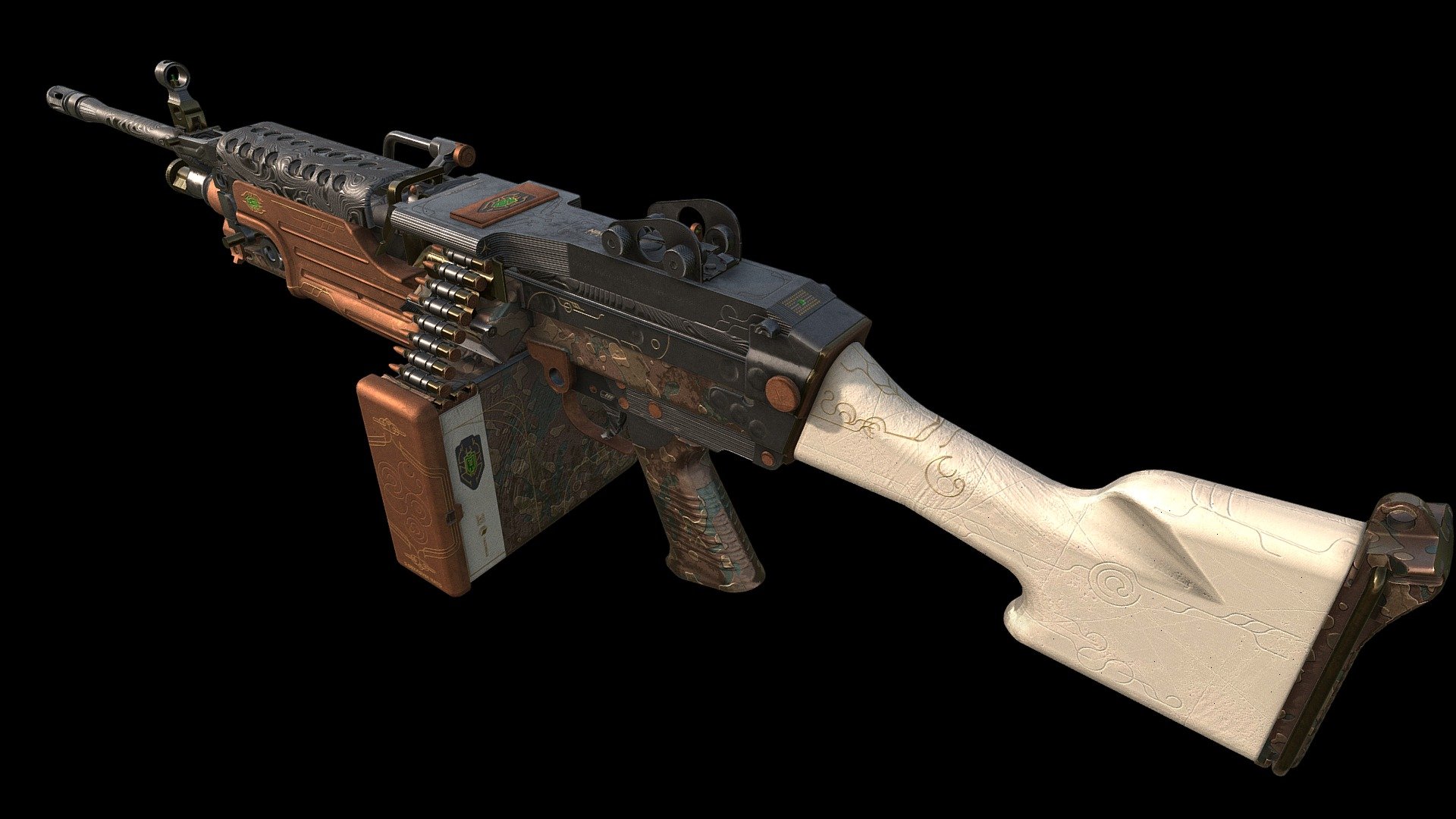 Concept texture/skin for Counter Strike 2 If you want to see my work ingame., vote for my workshop submissions here: https://steamcommunity.com/id/tanapta/myworkshopfiles/



This work includes complete texture/material set on a predefined ingame model.

My focus was and always will be to create medium-tier weapon skins, that are relatively neutral and not overly complicated. I know there are so many superb artists that create a true pieces of Art - I’m just a humble ui/ux designer that puts his soul to create a niche of guns that fit my needs.

Like all of my work, I will adapt this style to various guns with changes and adjustments where it seems necessary (for example additional material because of model complexity etc).

Much love, Tanapta - M249 - Nimble (CS2) - 3D model by tanapta 3d model
