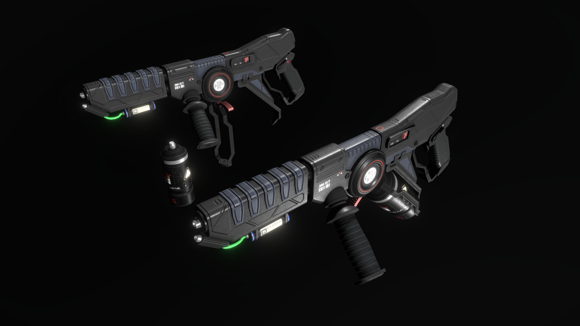 This is a model of a low-poly and game-ready scifi weapon. 

The weapon is composed of separate meshes that can be animated with a keyframe animation tool. 

The model comes with several differently colored texture sets. The PSD file with intact layers is included.

Please note: The textures in the Sketchfab viewer have a reduced resolution to improve Sketchfab loading speed.

If you have bought this model please make sure to download the “additional file”.  It contains FBX and OBJ meshes, full resolution textures and the source PSDs with intact layers. The meshes are separate and can be animated (e.g. firing animations) 3d model