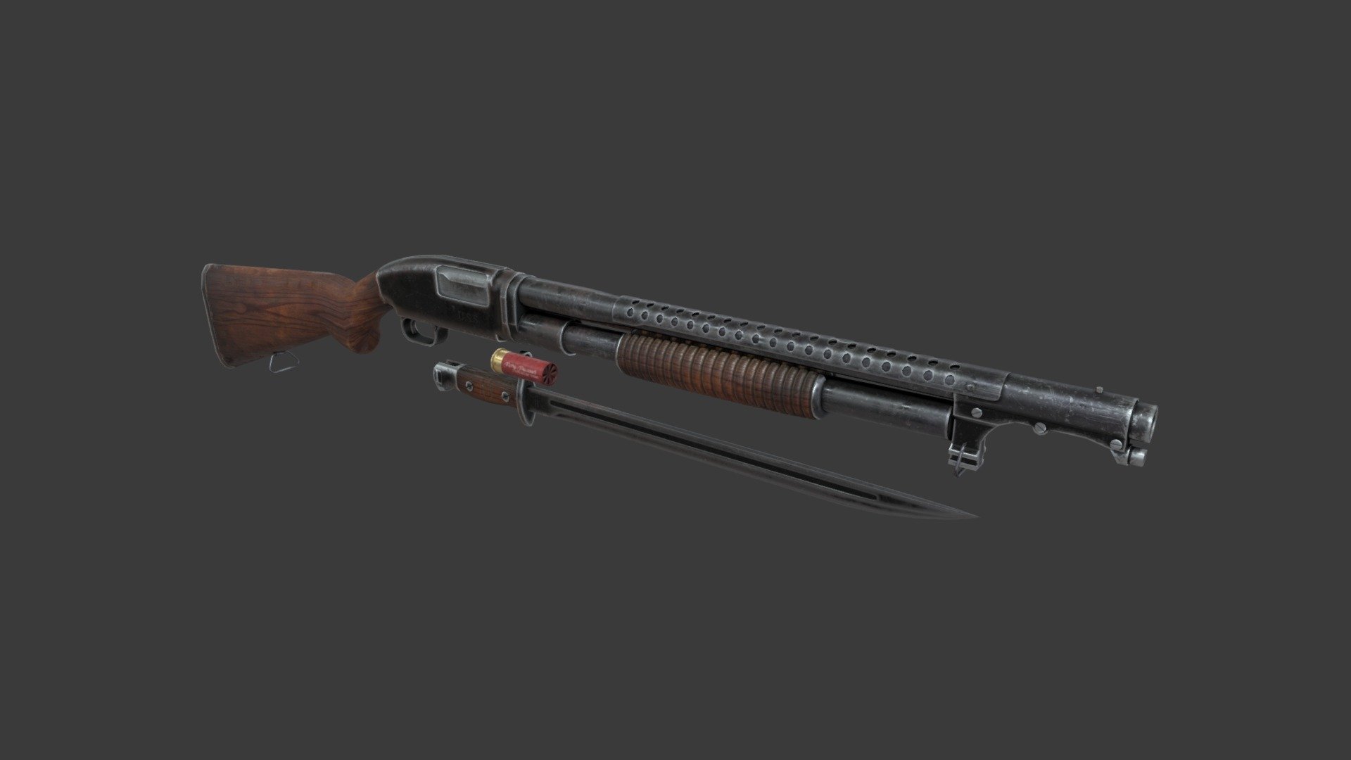 That's my Winchester model 12 Trenchun. I modeled it as a fully operational Game asset. Model doesn't have rigg but it's fully modelled inside so it could work as a fpp or tpp model. The rifle in particular have ~4600 faces, bayonet ~900 and shell ~140. Im not completely satisfied with textures but I think this is best i can do (especially wood, damn That's best wood I ever made). Hope You Enjoy! - Winchester model 12 Trenchgun Game Asset - 3D model by Bazylonator 3d model
