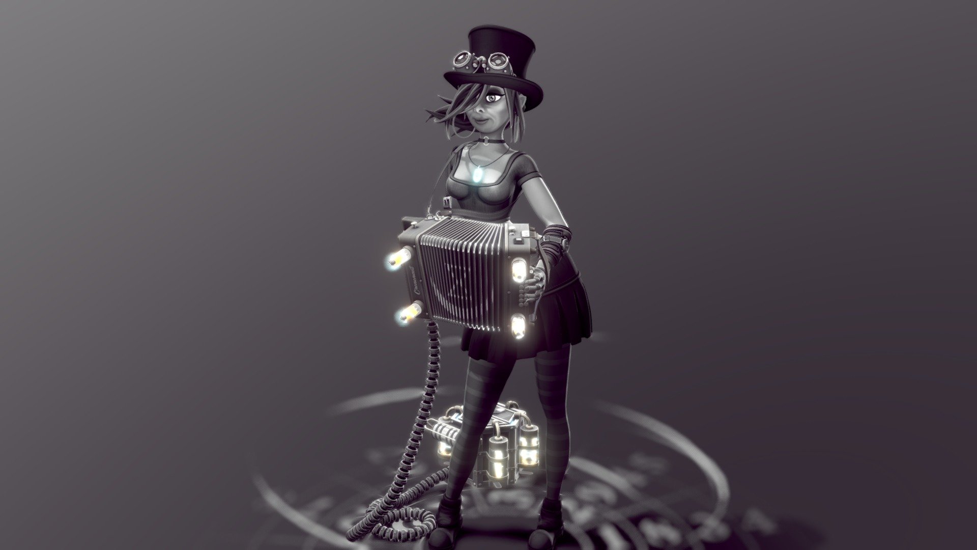 A steampunk time traveller who seems to have made a time machine&hellip; out of an accordion!?

It was sculpted/modelled and hand-painted in Blender 3.1.2, with some baking done in Substance Painter 3d model