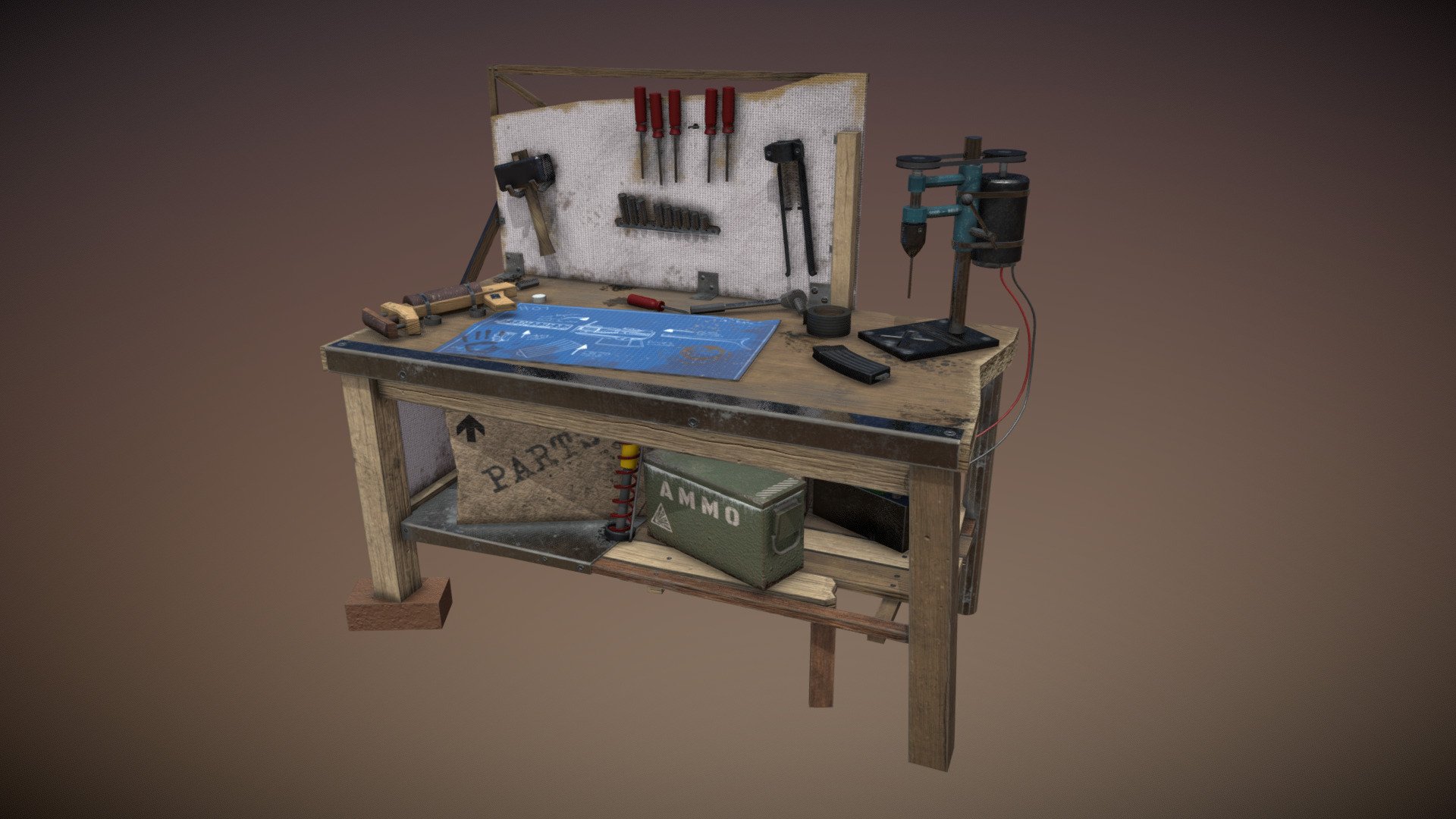 Game-ready weapon crafting bench. A place where your character can modify his/her weapons.

Feel free to contact me for custom jobs for your game 3d model