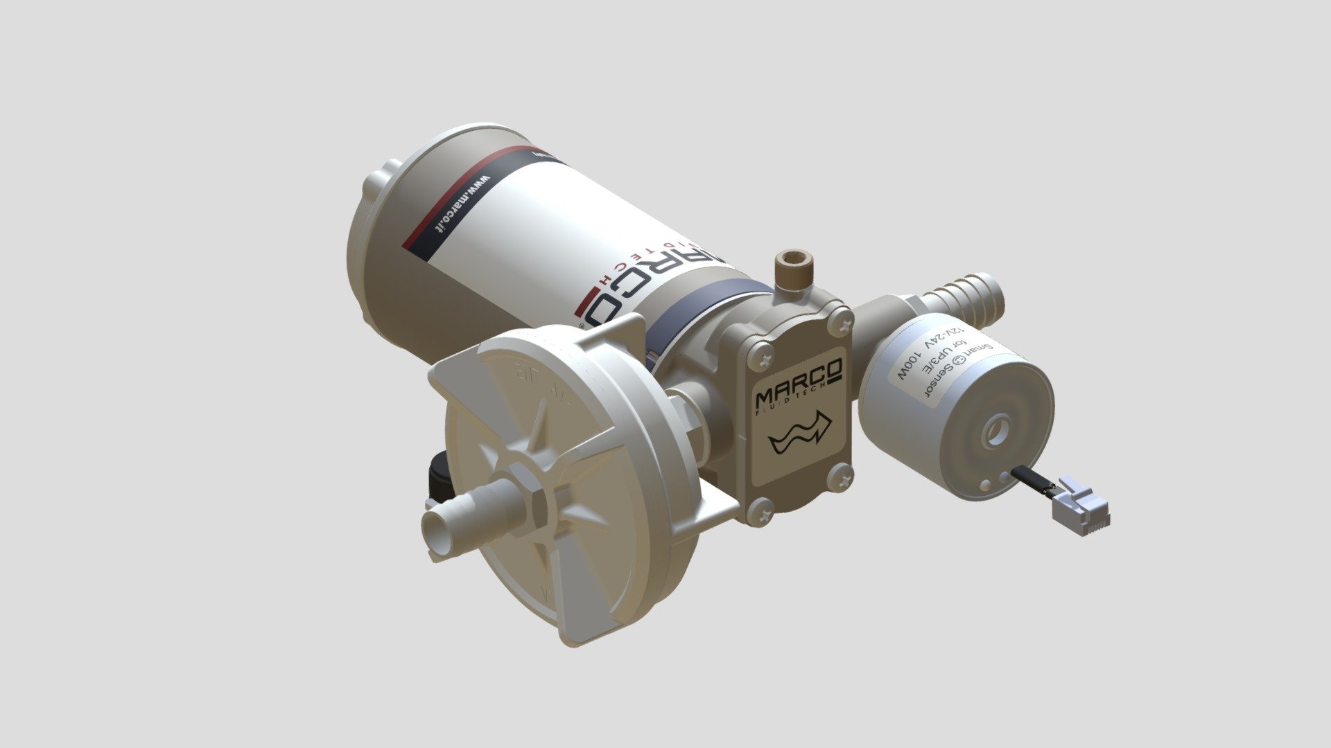 UP8/E electronic water pressure system 10 l/min
Self-priming automatic electric pump with helical PEEK gears, integrated check valve and electronic control. Nickel-plated brass body and stainless steel shaft. Main applications: fresh water pressure systems and shower kits on boats, rubber dinghies, sailing boats and campers 3d model