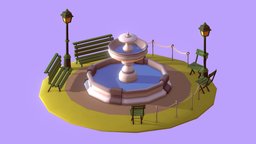Ethereal Games cute, bench, fountain, videogame, place, colorful, cartoon, game, lowpoly, mobile, stylized, light, noai