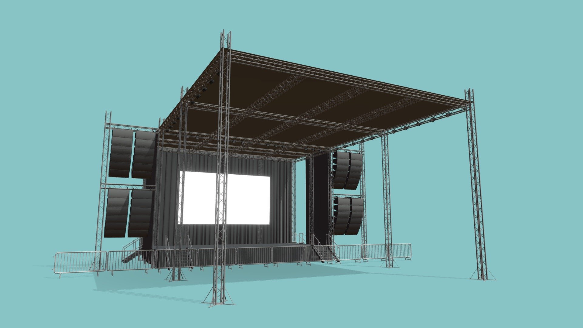 Concert Stage 5

Measurements:


Platform is: L: 12m, W: 6m, H: 1m
Inner height: 7m
Total height from bottom to top: 9m
Front Extension is: L: 12m, W: 12m, H: 8m

IMPORTANT NOTES:


This model does not have textures or materials, but it has separate generic materials, it is also separated into parts, so you can easily assign your own materials.

If you have any doubts or questions about this model, you can send us a message 3d model