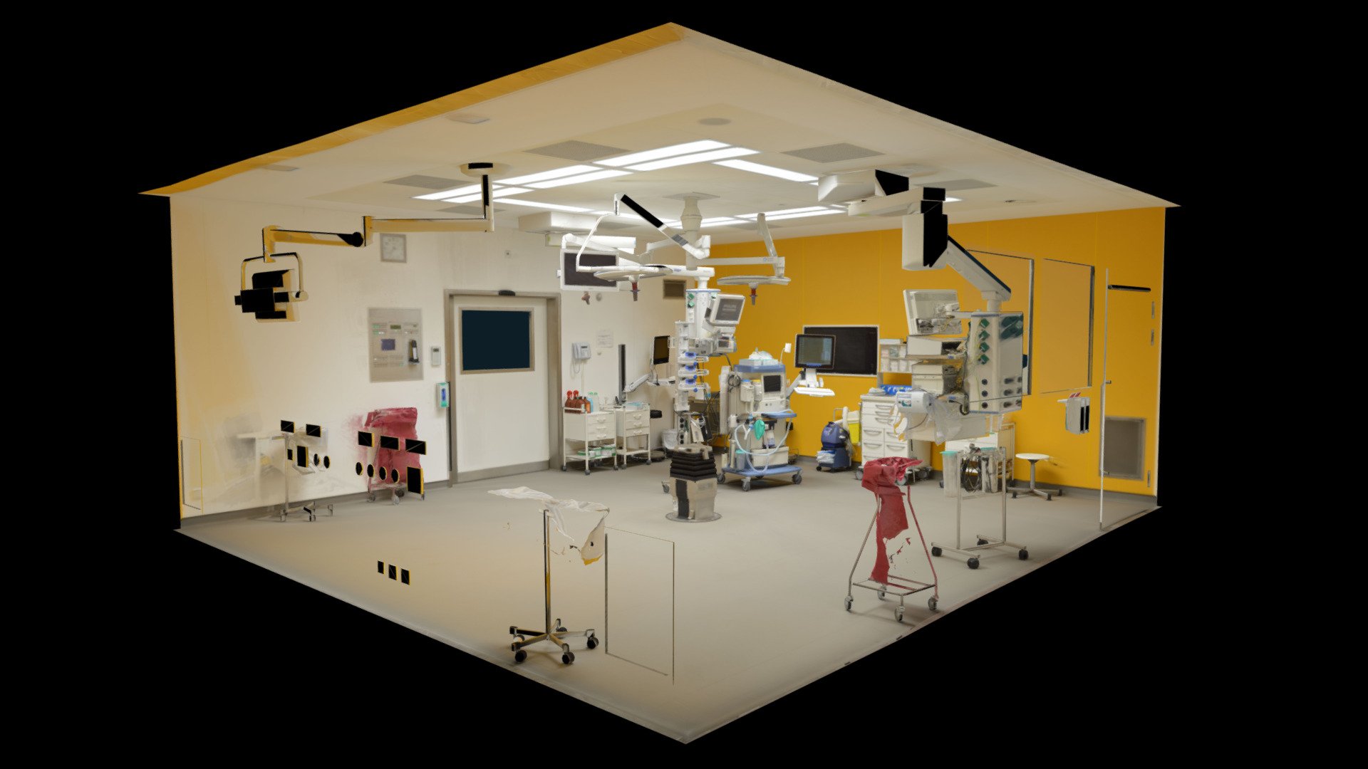 This is a photogrammetric reconstruction of an operating room of the Charité University Hospital in Berlin.

Please also check out this model on our Digital Surgery Sketchfab Account

If you use this model in your project, please cite our publication: https://pubmed.ncbi.nlm.nih.gov/35137646/

Use this textblock for the citation:

Queisner M, Pogorzhelskiy M, Remde C, Pratschke J, Sauer IM. VolumetricOR: A New Approach to Simulate Surgical Interventions in Virtual Reality for Training and Education. Surg Innov. 2022 Jun;29(3):406-415. doi: 10.1177/15533506211054240. Epub 2022 Feb 9. PMID: 35137646; PMCID: PMC9438748.

More about our research: http://experimental-surgery.de/digitalsurgery/

The paper explores the concept of letting surgical stuff train in a virtual operating setting.
This is one of several general ORs in the Charité Campus Mitte (CCM), scanned in 2018. Shot with Nikon D3400 (500 images), reconstructed in Metashape, refined in Blender 3d model