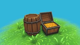 Barrel and Treasure chest grass, barrel, chest, treasure, handpainted, texture, lowpoly, gold
