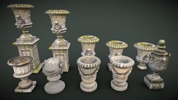 Park Decoration Vases lod, european, vase, concrete, realtime, classic, park, record, old, mossy, game, pbr, stone, street, ball