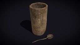 Rustic Wooden Cylinder Bucket and Spoon bucket, wooden, viking, medieval, holder, spoon, dishes, tableware, bowls, wood, container