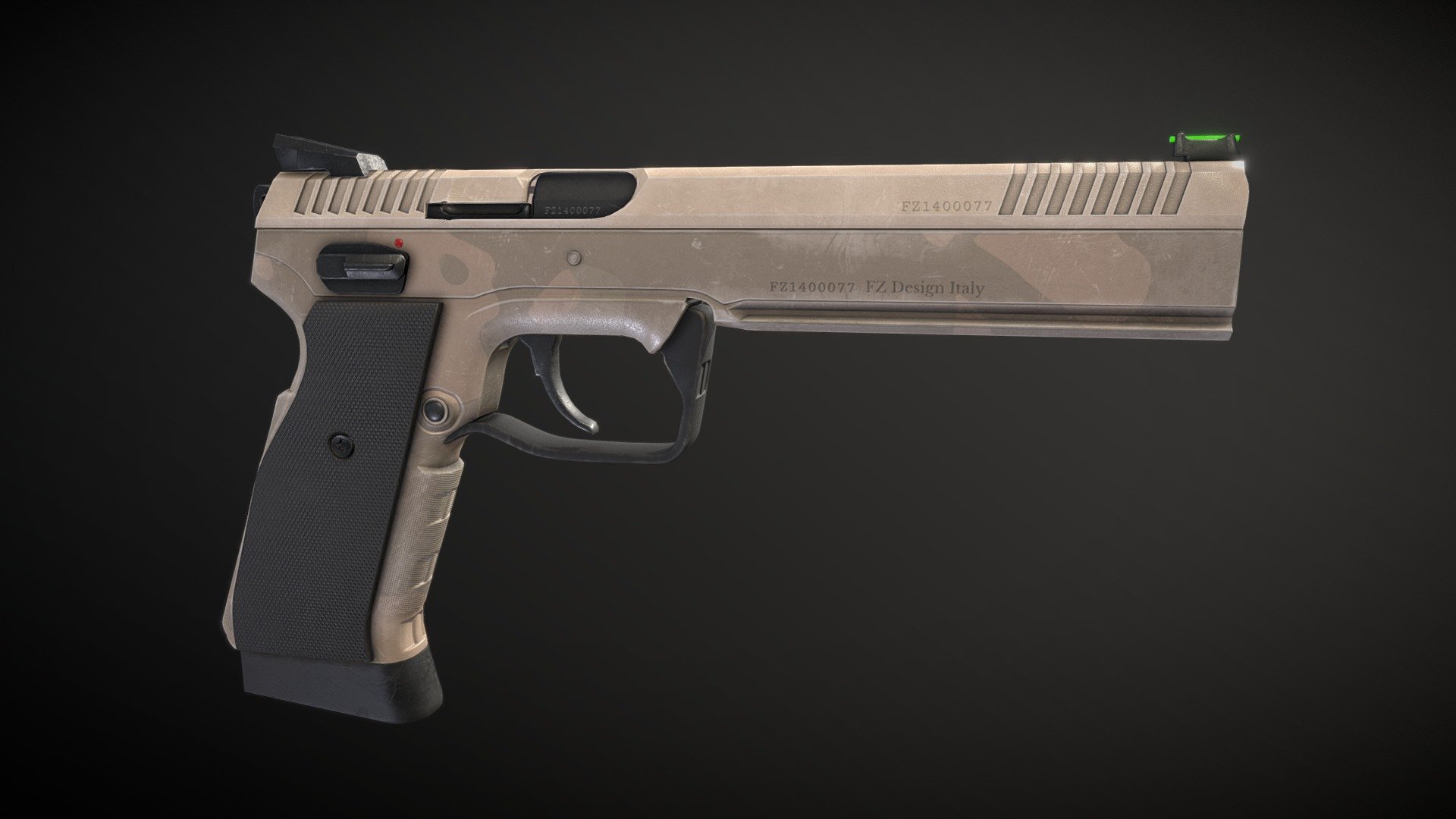 Generic Hi power Modern pistol. Heavy tactical Gun with desert tan polymer body.
just for fun.
This model has high detailed pbr textures.

model parts was textured together and can have occlusion issues on the hidden parts, but if you don't need to animate the parts like the magazine or the barrel, is good 3d model