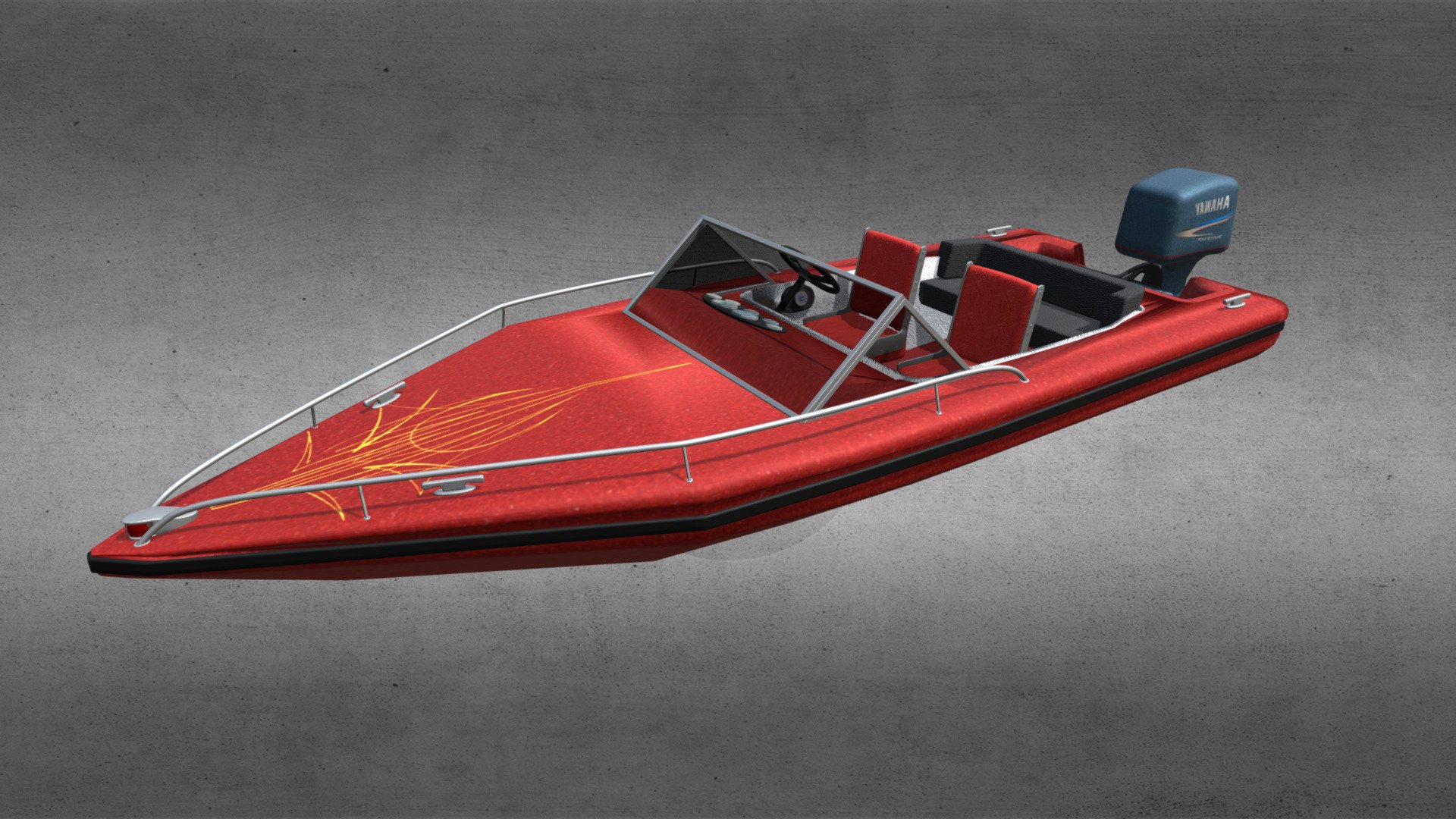 This is a model of a motorboat with an outboard motor.

Product Features:


Made with 3 and 4-point polygons.
Includes group information, which your software should interpret as separate parts: boat, seats, motor, prop, steering wheel, throttle.

Textures:


The model is UV mapped.
One color scheme with the texture maps and bump maps, at 2048x2048 pixels.
You'll have to apply your own metal and glass shaders.

Original model by, and acquired, from Poserworld, and now owned by VanishingPoint 3d model