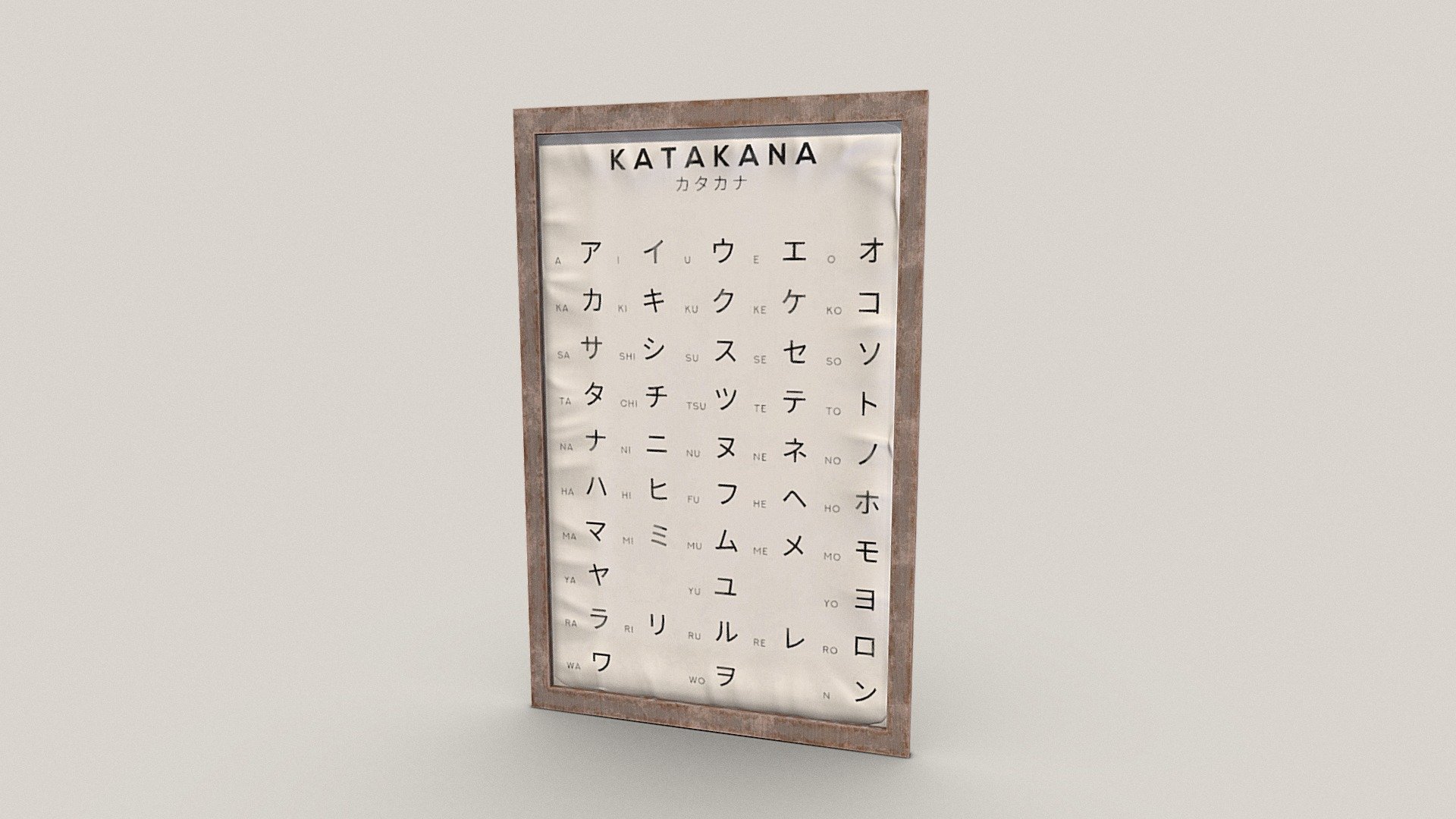 A simple katakana alphabet poster, useful prop for any sort of japanese interior environment such as a school or classroom.  

Has paper folds and a worn/vintage look.

PBR textures @2k - katakana alphabet poster - Download Free 3D model by Sousinho 3d model