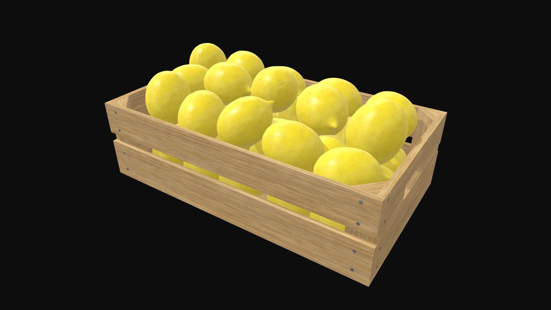 === The following description refers to the additional ZIP package provided with this model ===

Lemons in a wooden crate 3D Model. 2 individual objects (lemons, crate), each one with its own non overlapping UV Layout map, Material and PBR Textures sets. Production-ready 3D Model, with PBR materials, textures, non overlapping UV Layout map provided in the package.

Quads only geometries (no tris/ngons).

Formats included: FBX, OBJ; scenes: BLEND (with Cycles / Eevee PBR Materials and Textures); other: png with Alpha.

2 Objects (meshes), 2 PBR Materials, UV unwrapped (non overlapping UV Layout map provided in the package); UV-mapped Textures.

UV Layout maps and Image Textures resolutions: 2048x2048; PBR Textures made with Substance Painter.

Polygonal, QUADS ONLY (no tris/ngons); 152512 vertices, 151878 quad faces (303756 tris).

Real world dimensions; scene scale units: cm in Blender 3.0 (that is: Metric with 0.01 scale).

Uniform scale object (scale applied in Blender 3.0) 3d model