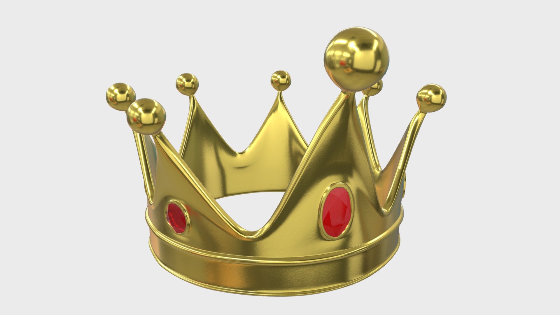 === The following description refers to the additional ZIP package provided with this model ===

Gold crown 3D Model, nr. 14 in my collection. 2 objects (crown frame, gems), each one with its own non overlapping UV Layout map, Material and PBR Textures set. Production-ready 3D Model, with PBR materials, textures, non overlapping UV Layout map provided in the package.

Quads only geometries (no tris/ngons).

Formats included: FBX, OBJ; scenes: BLEND (with Cycles / Eevee PBR Materials and Textures); other: png with Alpha.

2 Objects (meshes), 2 PBR Materials, UV unwrapped (non overlapping UV Layout map provided in the package); UV-mapped Textures.

UV Layout maps and Image Textures resolutions: 2048x2048; PBR Textures made with Substance Painter.

Polygonal, QUADS ONLY (no tris/ngons); 25690 vertices, 25676 quad faces (51352 tris).

Real world dimensions; scene scale units: cm in Blender 3.1 (that is: Metric with 0.01 scale).

Uniform scale object (scale applied in Blender 3.1) 3d model