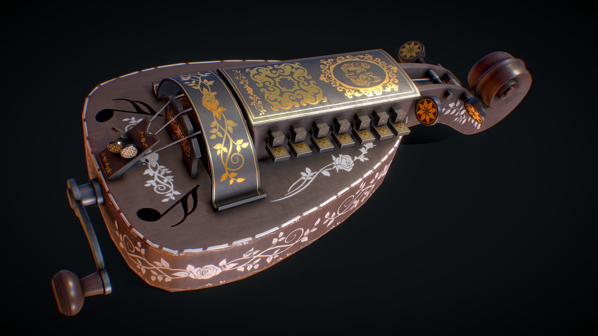 A Hurdy-Gurdy Or Wheel Fiddle Is a stringed instrument that produces sound by hand-crank With a the Wheel acting as Bow was believed to have been created around the 11th century and one of the early forms of organistrum. I loved the overall aesthetic of the instrument and attempted to re-create one!. 

Tools used:
-Substance Painter 2019
- 3dsmax
- Photoshop

Links to Historical origin:
https://en.wikipedia.org/wiki/Hurdy-gurdy

http://caslabs.case.edu/medren/medieval-instruments/hurdy-gurdy-medieval/ - Hurdy-Gurdy - Download Free 3D model by Steven Janes (@Ebethrone) 3d model