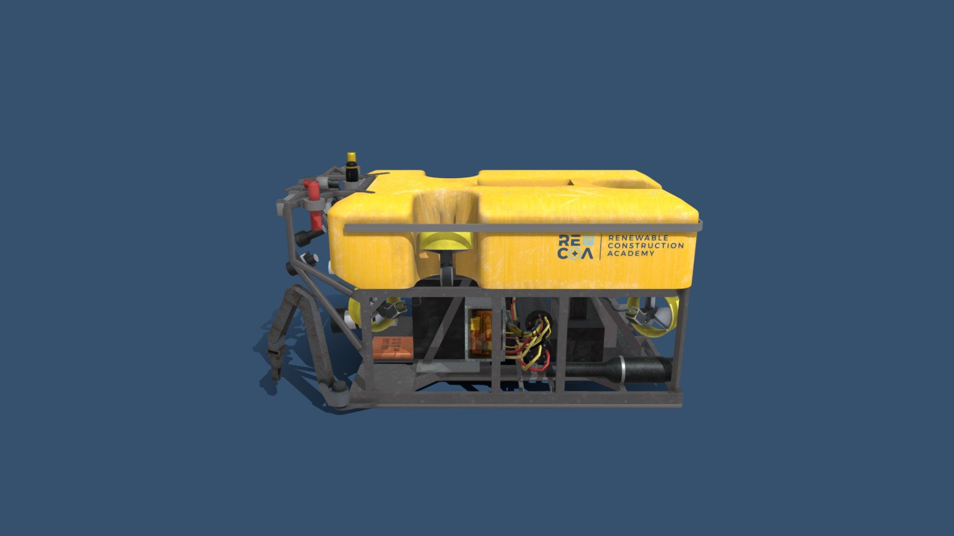 Model is an adaptation of Doc Ricketts ROV 3D Model by MBARI. CC by Attribution.
This 3D model was derived from Solidworks engineering drawings, but was textured and animated by Craig Mink from the Monterey Bay Aquarium.

Deep-sea ROV Doc Ricketts.

Doc Ricketts is a 4000m rated electro-hydraulic vehicle, specializing in scientific research. Ricketts was custom designed by an England based ROV company, “Soil Machine Dynamics.” MBARI took delivery of Doc Ricketts in 2008. Since then, multiple upgrades have ensured it could perform nearly any task our scientists have demanded in its 1100+ dives 3d model