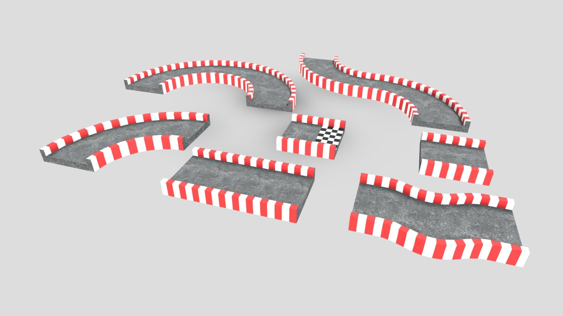 Racetrack Segments Collection that I made using Blender. This collection includes 7 different racetrack segments.

Features:




Includes GLTF file type instructions

Models are low poly

Includes 3 premade tracks

Models are modular and can be rotated, flipped, duplicated, and snapped together

Models were made using the metalness workflow and use 4K PBR textures in PNG format

Models have been manually UV unwrapped

Models use normal maps to add extra detail

Blend files include pre-applied textures as well as camera and lighting setups

Extra lighting has been provided by included HDR maps downloaded from HDRi Haven

Includes native blend files for each model

Models have been exported in 4 file formats (FBX, OBJ, GLTF/GLB, DAE/Collada)

Included Textures:




AO, Diffuse, Roughness, Gloss, Normal

UVLayout

 - Racetrack Segments Collection - Buy Royalty Free 3D model by Pickle55100 3d model