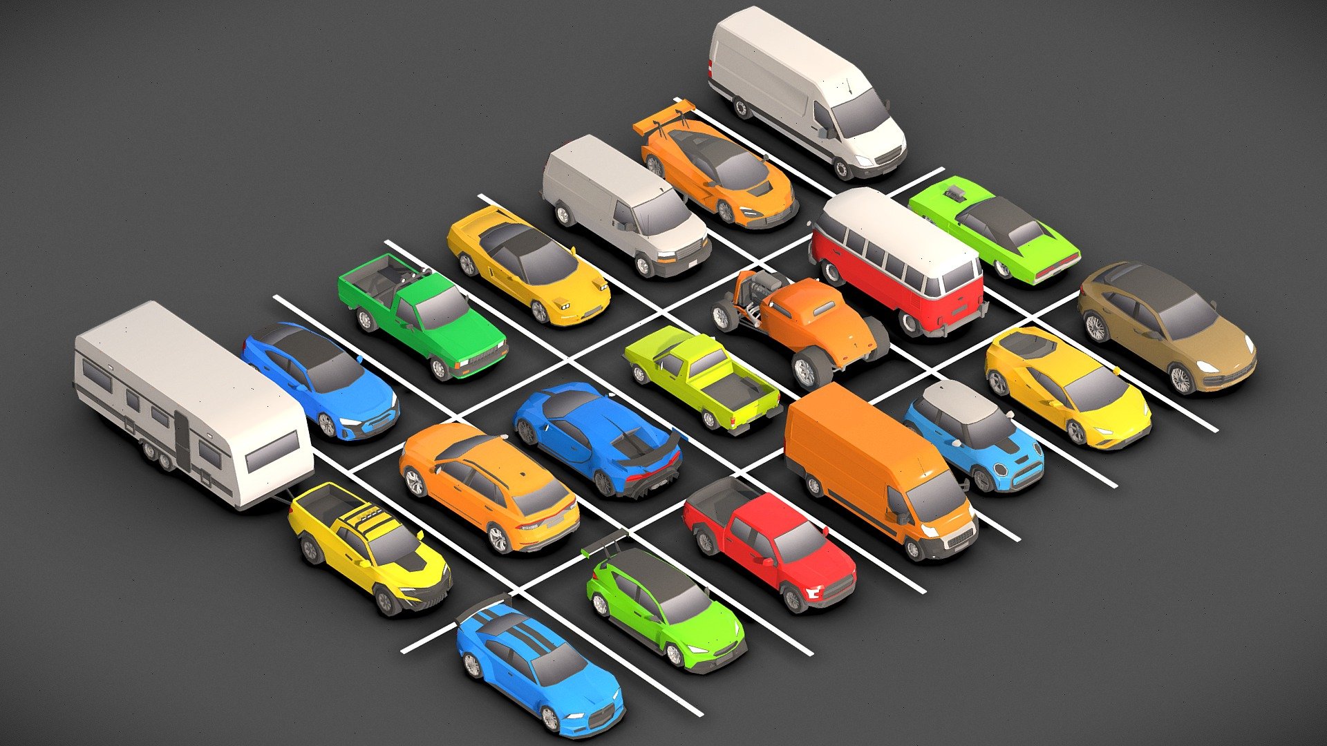 Low- Poly Cars Pack # 1.

You can use these models in any game and project.

This package includes 20 car .

This model is made with order and precision.

The color of the body can be changed.

Separated parts (body. wheel).

Very low poly.

1000 - 4000 triangles per car.

Texture size: 256 (PNG).

Number of textures: 1.

Number of materials: 1.

format: fbx, obj, 3d max - Low- Poly Cars Pack # 1 - Buy Royalty Free 3D model by Sidra (@Sidramax) 3d model