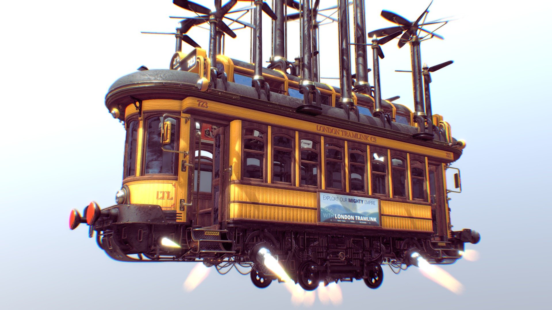 The London Tramlink is a flying tram operated somewhere in an alternate history by the fictitious London Tramlink Company (known by locals as LTL for short).

It was modelled in Blender 3.2.1, and textured in Substance Painter/Photoshop.

If you purchase this model then please send me a message to tell me about your project, I'd love to see what you create with it! - London Tramlink - Buy Royalty Free 3D model by se7en23 3d model
