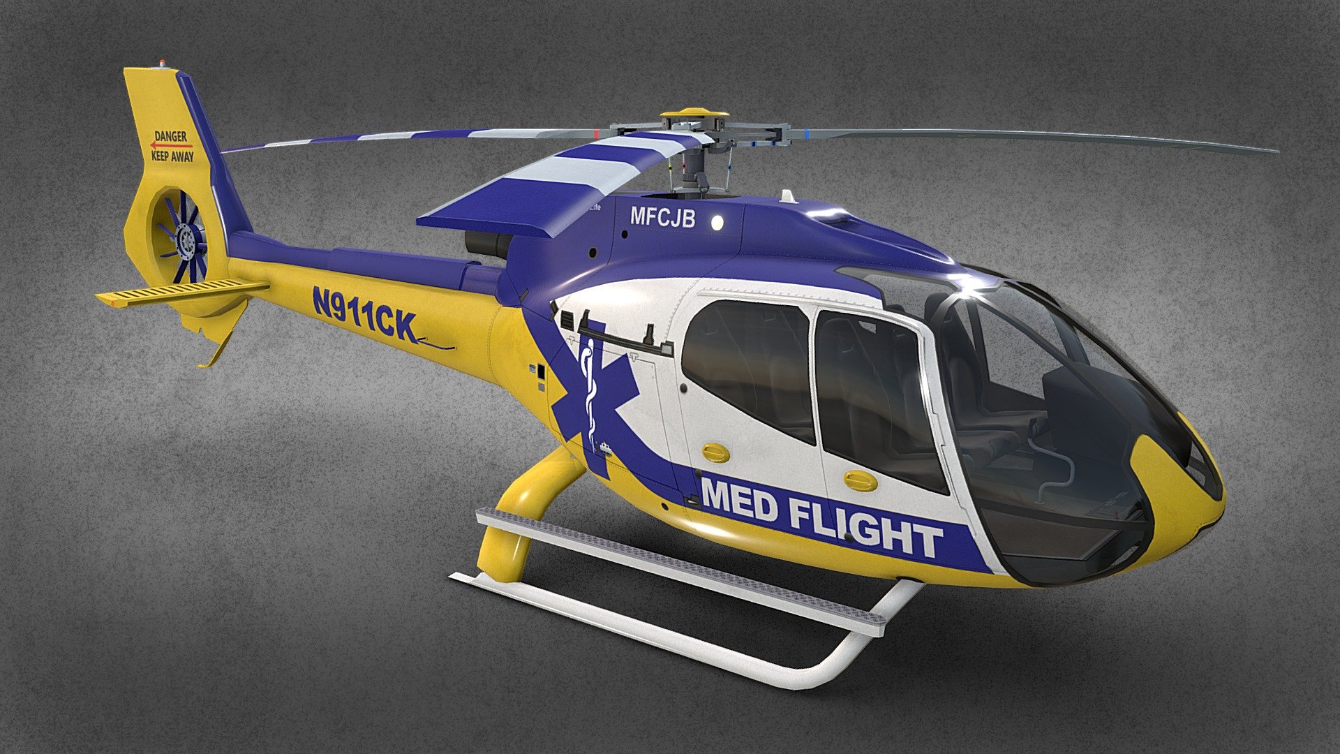 Med Flight Helicopter Airbus H130 Livery 22

Strongly realtime optimized helicopter with high visual accuracy

Game ready and cross game engines friendly asset

Both PBR workflows ready native 4096 x 4096 px textures

Decreasing to 2K and even 1K results in a still decent looking helicopter

Clean lowpoly mesh with 4 preconfigured level of details

LOD0 19710 tris, LOD1 10462 tris, LOD2 7388 tris, LOD3 5990 tris

Properly placed rotors pivots for flawless rotations

Simple capsule built interior that fits perfectly the body

100% human controlled and partly manually done triangulation

100% unwrapped non-overlapping

Made using blueprints in real world scale meters

Included files are flawless and clean

All LOD are exported seperately and together in each file format

Collection: https://skfb.ly/oLpDV
 - Med Flight Helicopter Airbus H130 Livery 22 - Buy Royalty Free 3D model by RealtimeModels 3d model