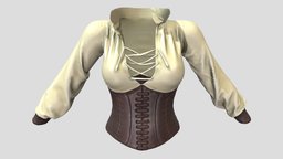 Female Fantasy Lace Up Front Corset Top historic, leather, front, medieval, elf, up, top, renaissance, elven, costume, lace, wear, corset, roleplay, character, pbr, low, poly, female, pirate, fantasy